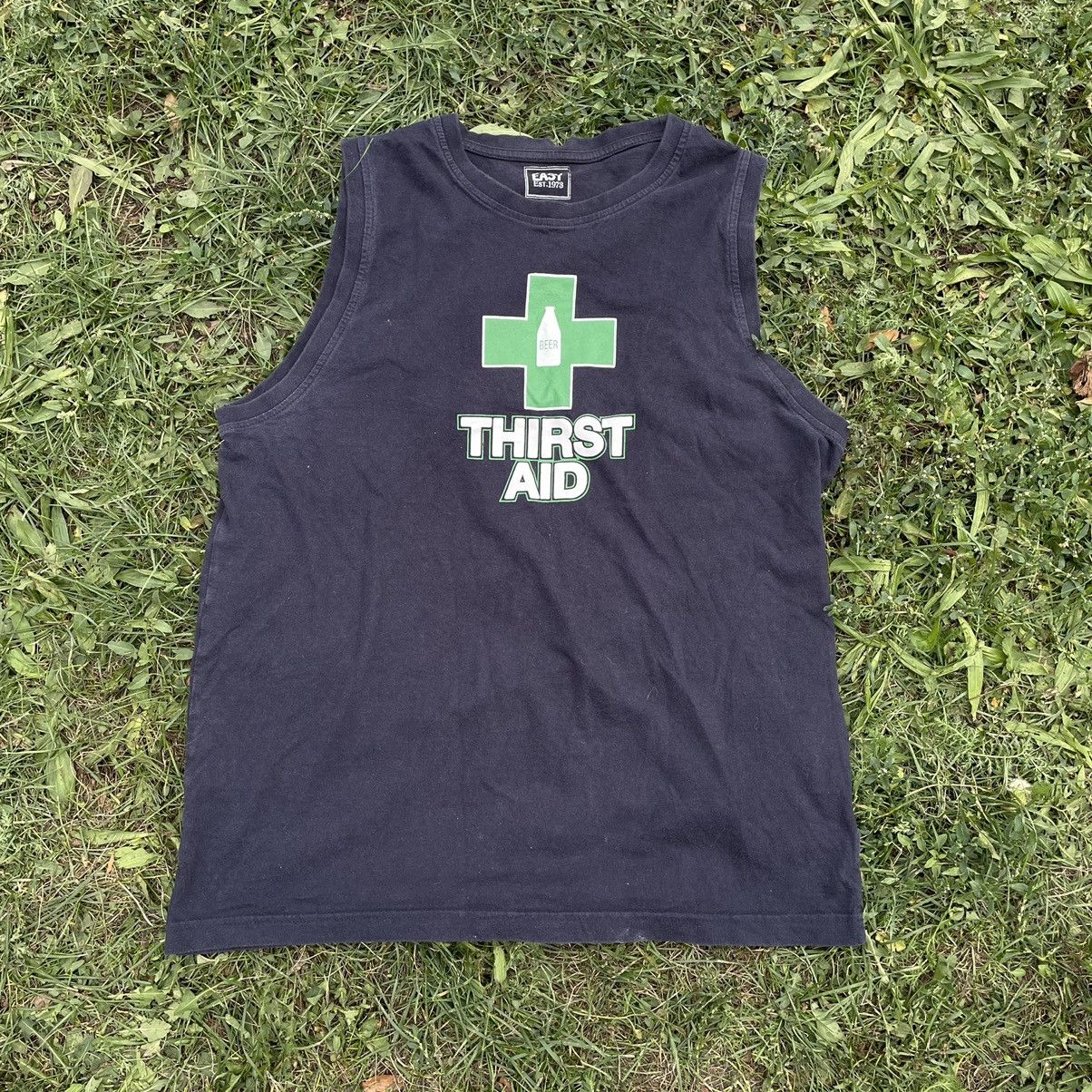image of Y2K Faded “Thirst Aid ” Palace Humor Tee in Navy, Men's (Size Medium)