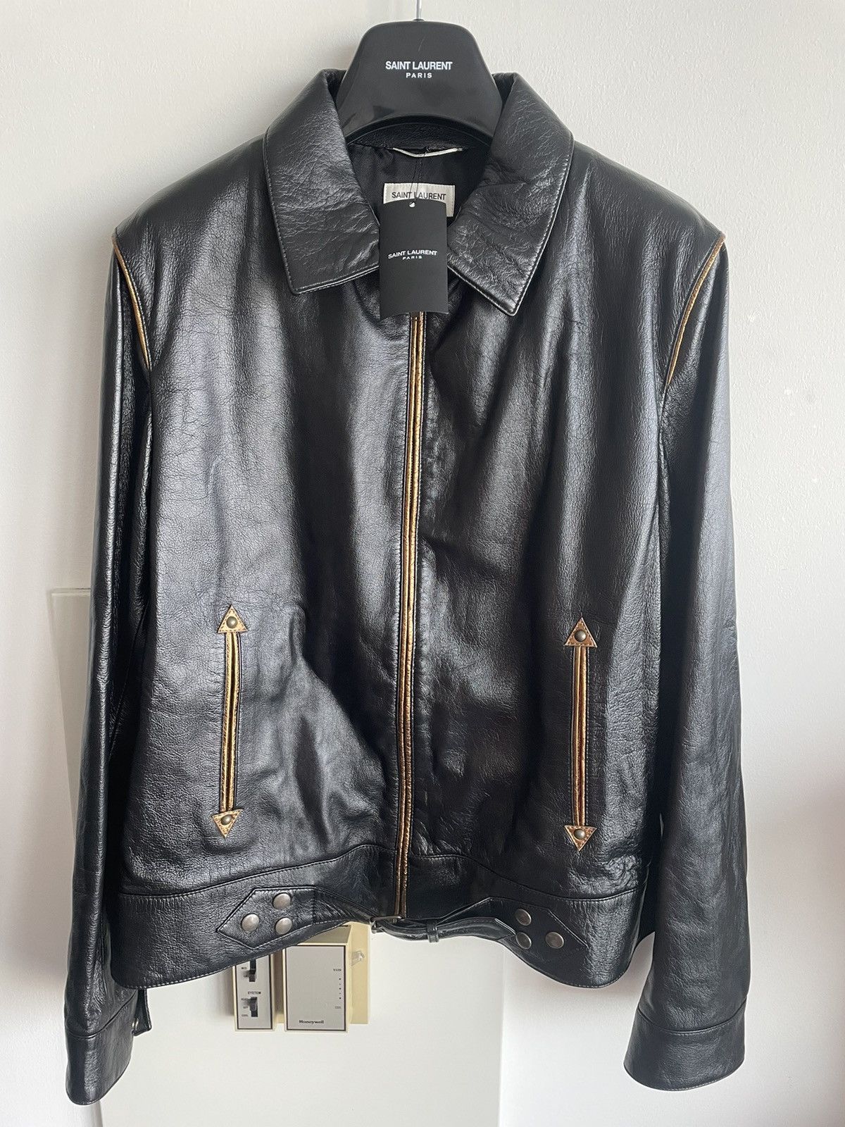 image of Hedi Slimane x Saint Laurent Paris $5K Value Super Runway Lambskin Leather Jacket in Black (Size XL