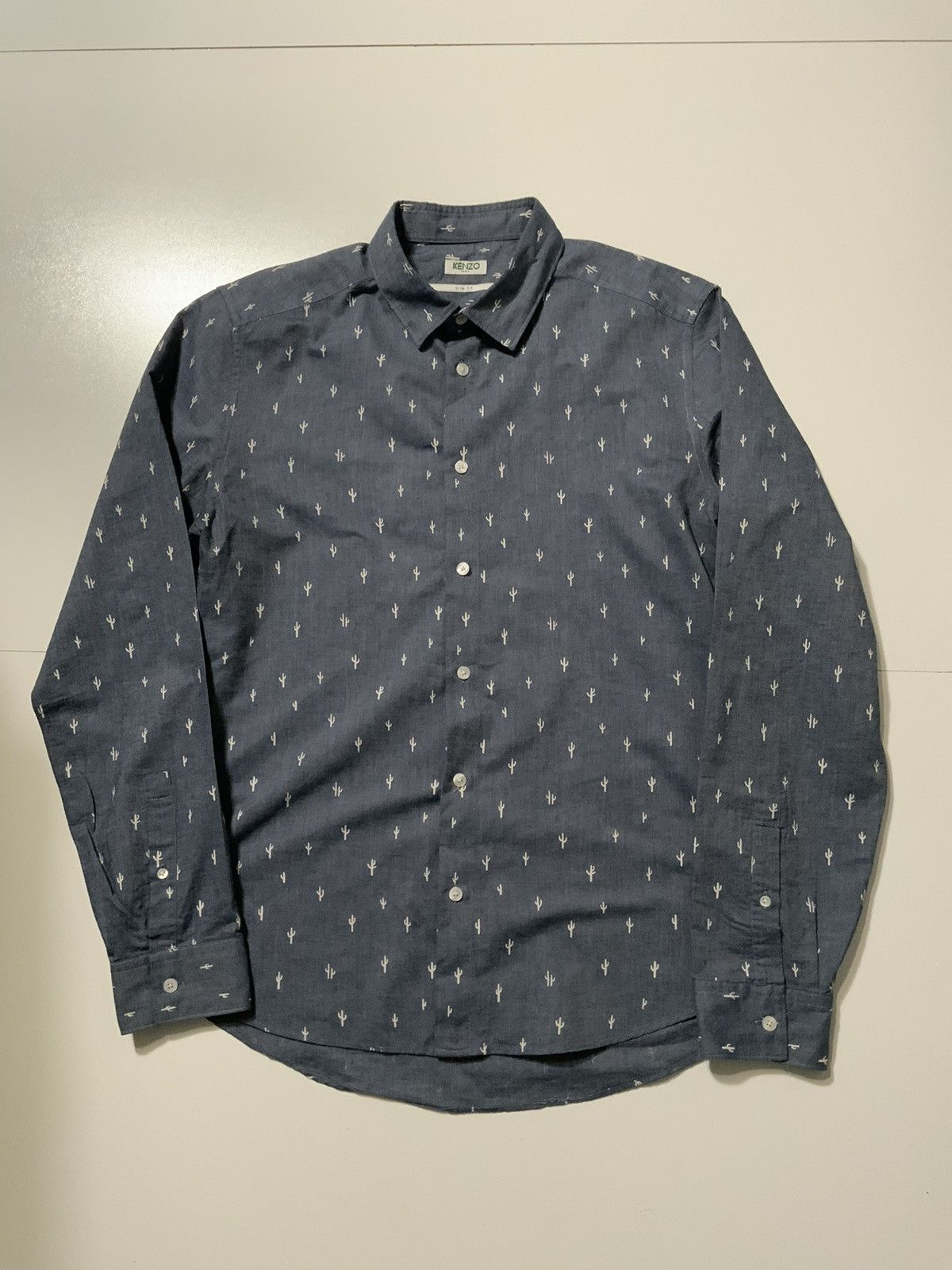 $250 Kenzo Paris Chambray Blue Cactus Button Indigo Shirt