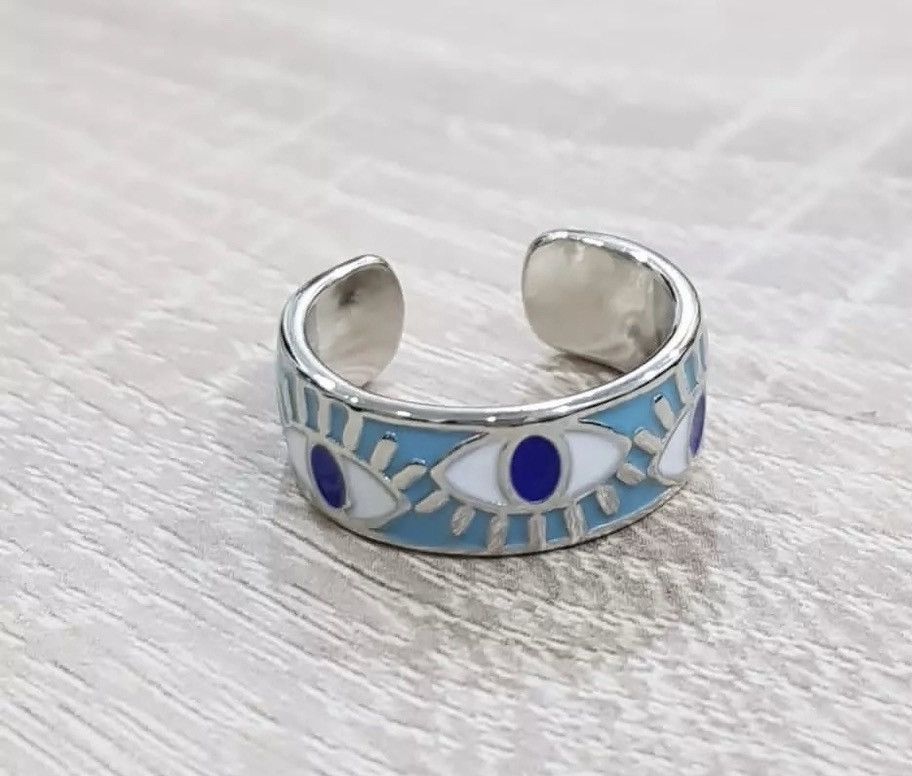 Jewelry Blue Enamel Engrave Turkish Evil Eye Ring Size ONE SIZE - 1 Thumbnail