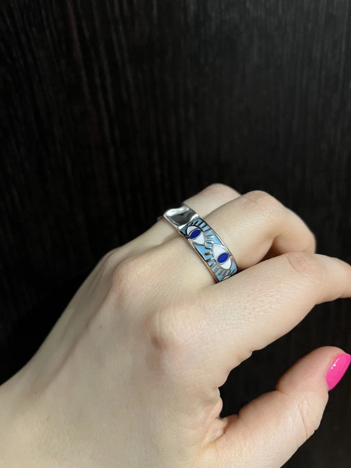 Jewelry Blue Enamel Engrave Turkish Evil Eye Ring Size ONE SIZE - 2 Thumbnail