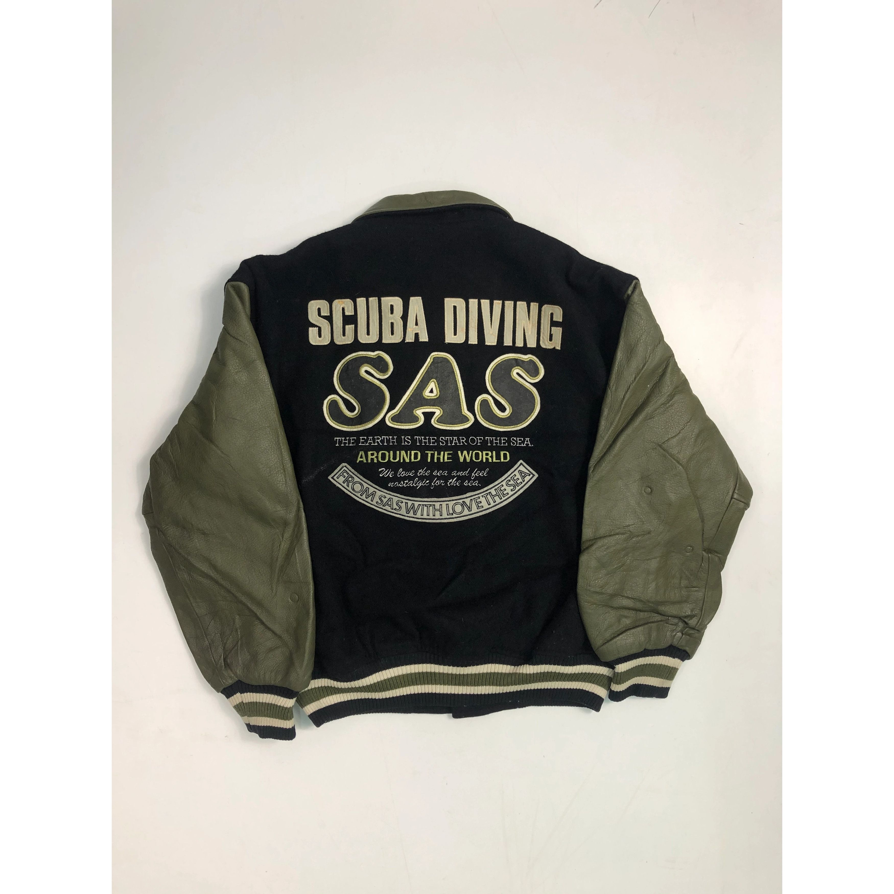 image of 90's Scuba Diving Patches Varsity Jacket Leather in Black, Men's (Size Medium)