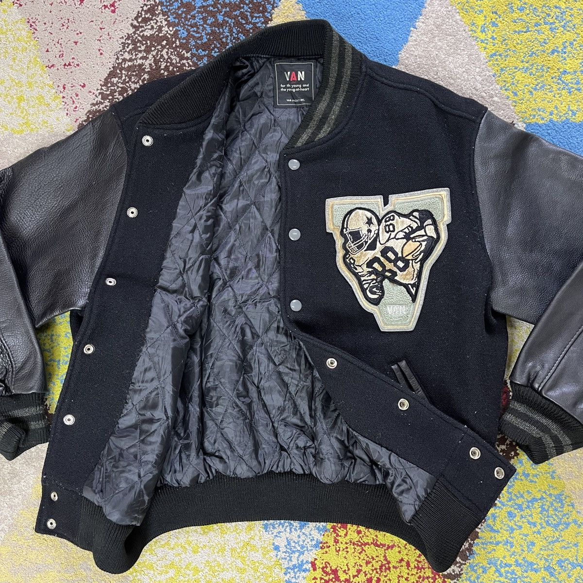 Leather × Vintage Vintage Quilted Leather Letterman Varsity Jacket By VAN Size US L / EU 52-54 / 3 - 7 Thumbnail