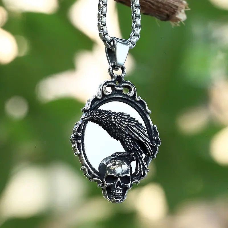 Jewelry Skull Head With Crow Pendant Necklace Size ONE SIZE - 2 Thumbnail