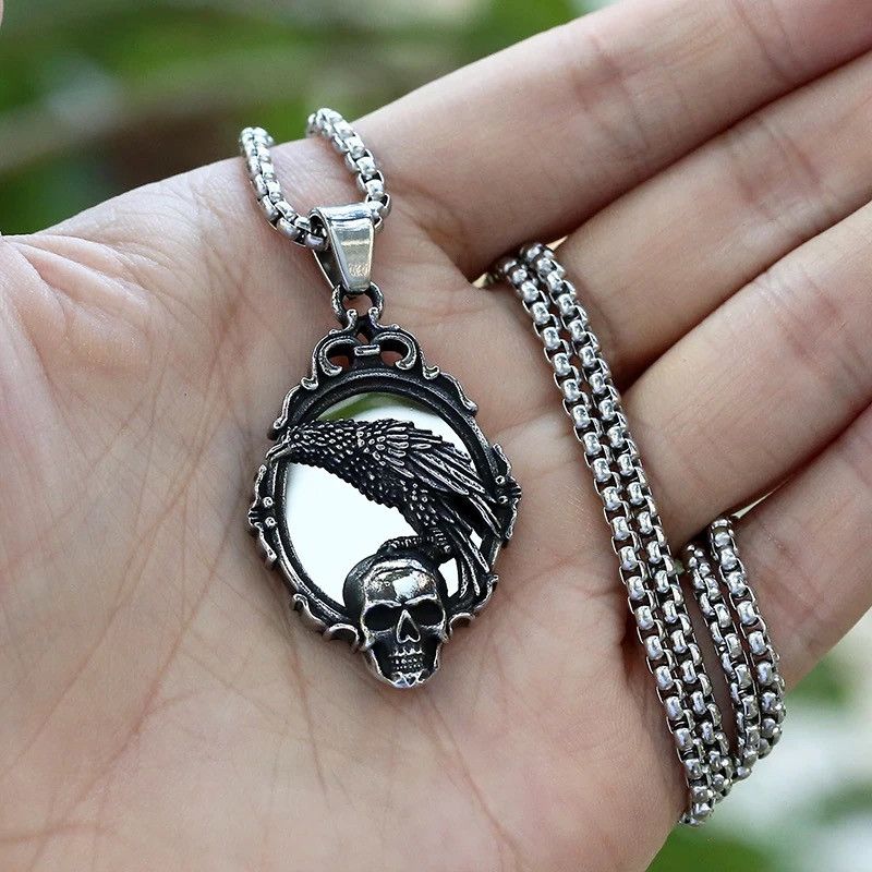 Jewelry Skull Head With Crow Pendant Necklace Size ONE SIZE - 1 Thumbnail