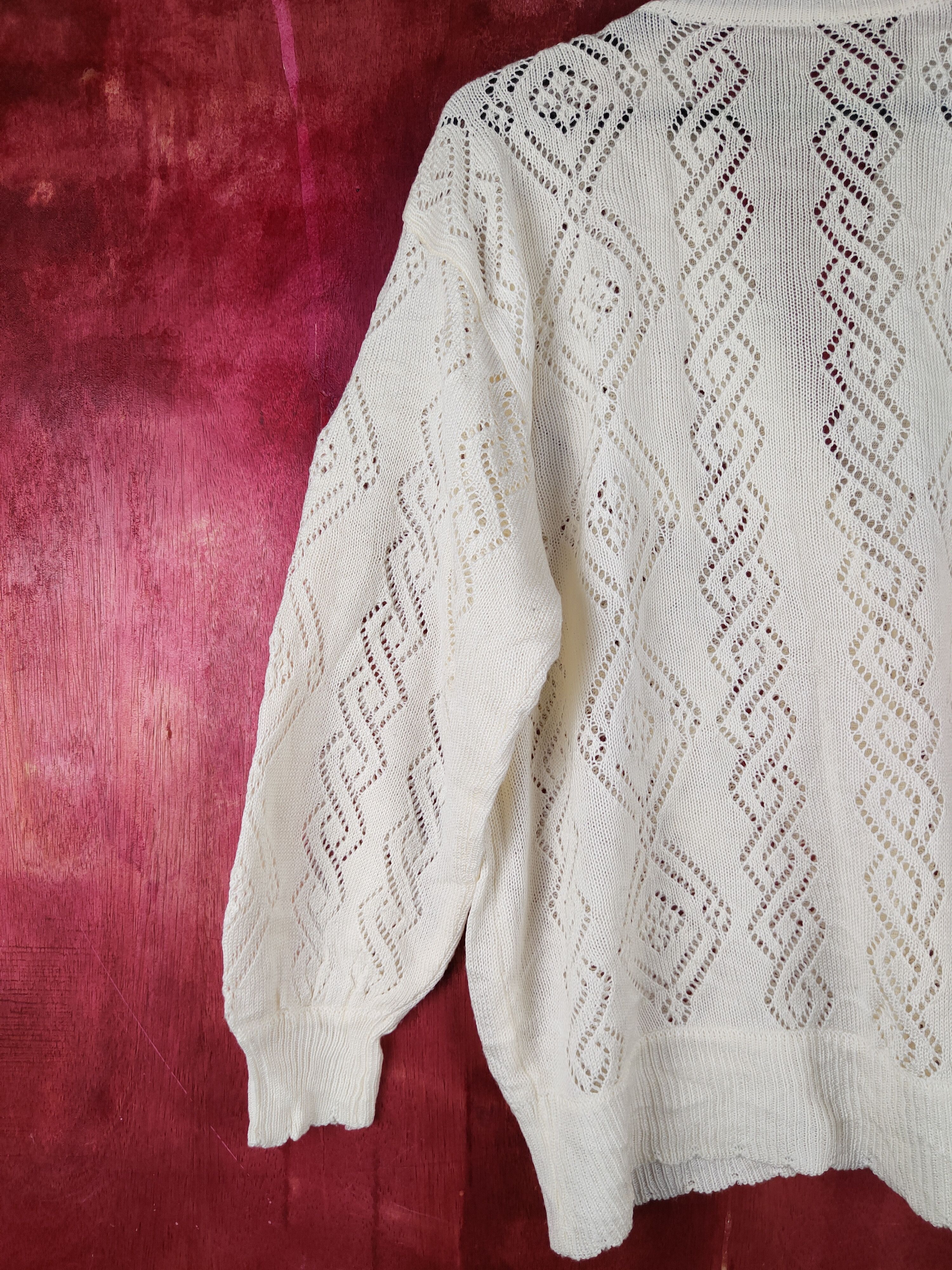 Homespun Knitwear Japan art vintage Cream Crochet Meshnet Knit Cardigan #S1032 Size L / US 10 / IT 46 - 6 Thumbnail