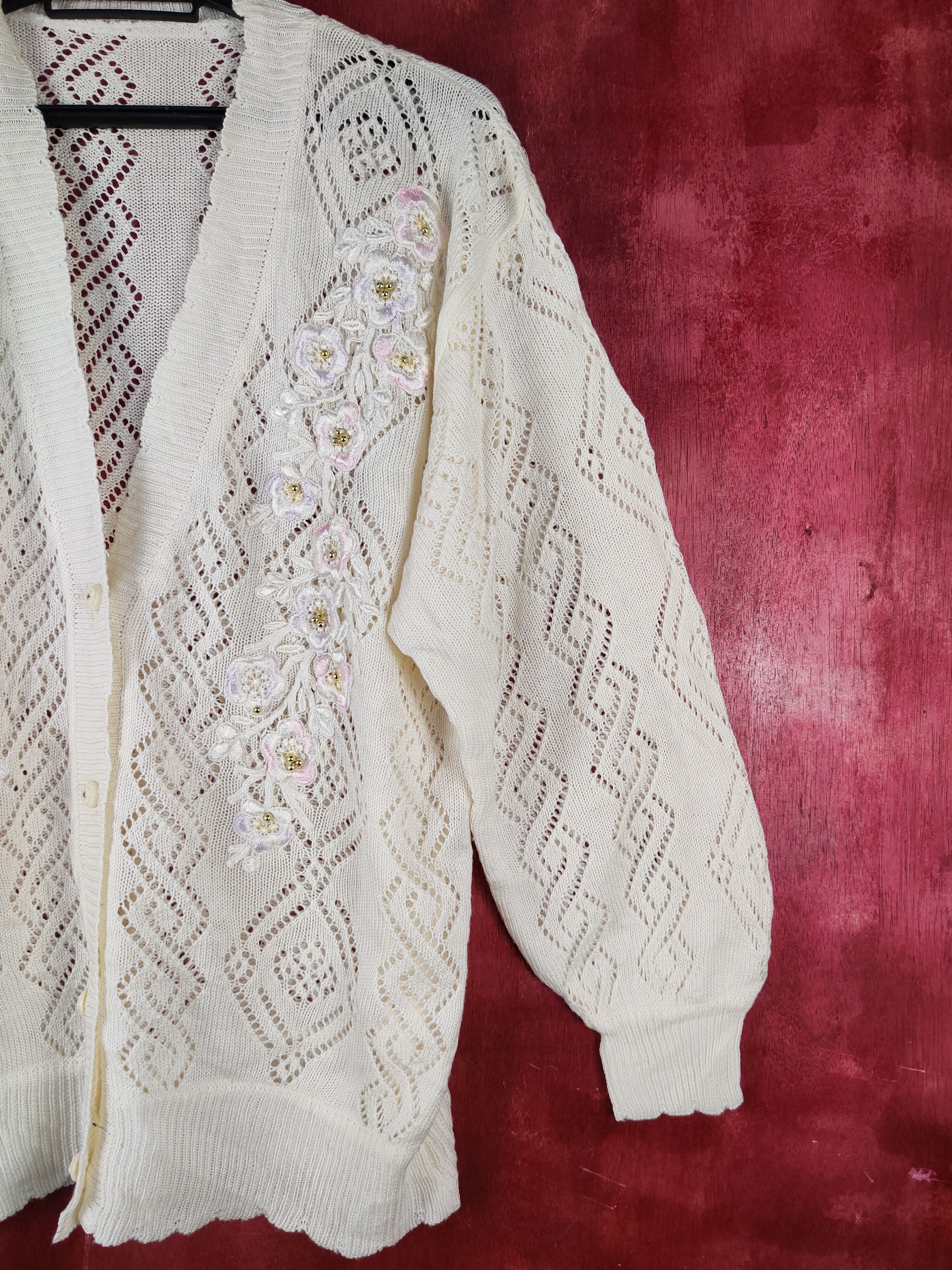 Homespun Knitwear Japan art vintage Cream Crochet Meshnet Knit Cardigan #S1032 Size L / US 10 / IT 46 - 4 Thumbnail