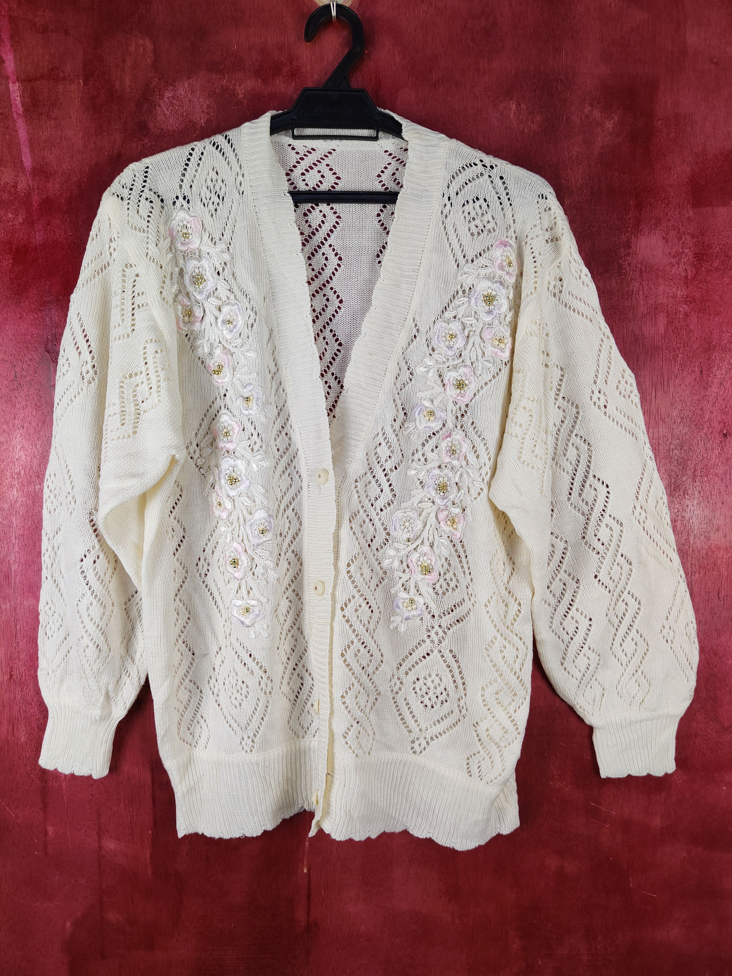 Japan art vintage Cream Crochet Meshnet Knit Cardigan #S1032