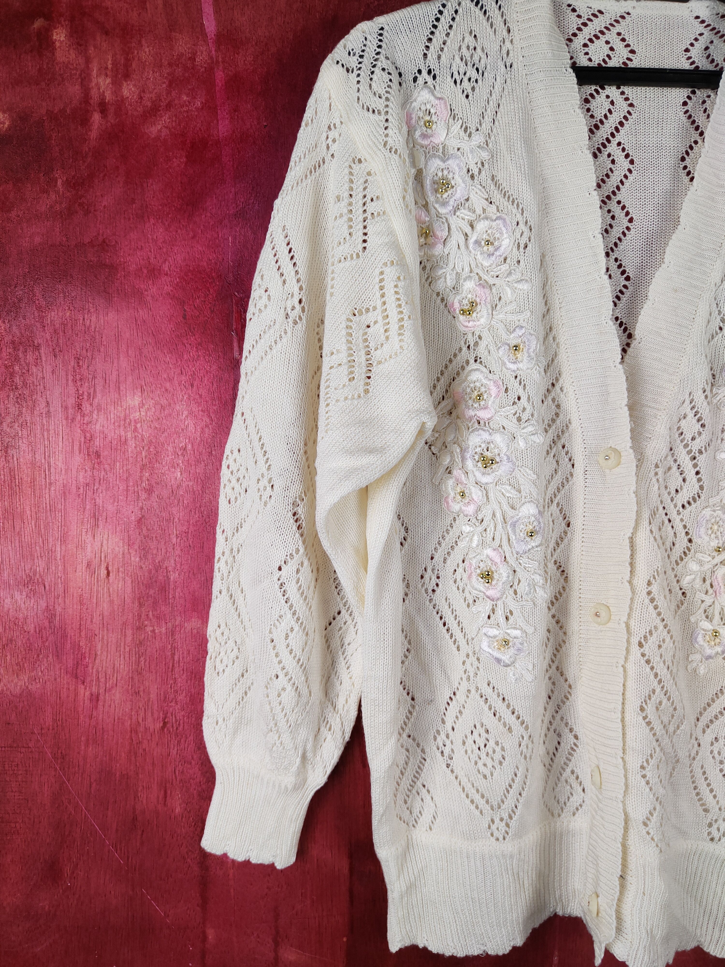 Homespun Knitwear Japan art vintage Cream Crochet Meshnet Knit Cardigan #S1032 Size L / US 10 / IT 46 - 3 Thumbnail