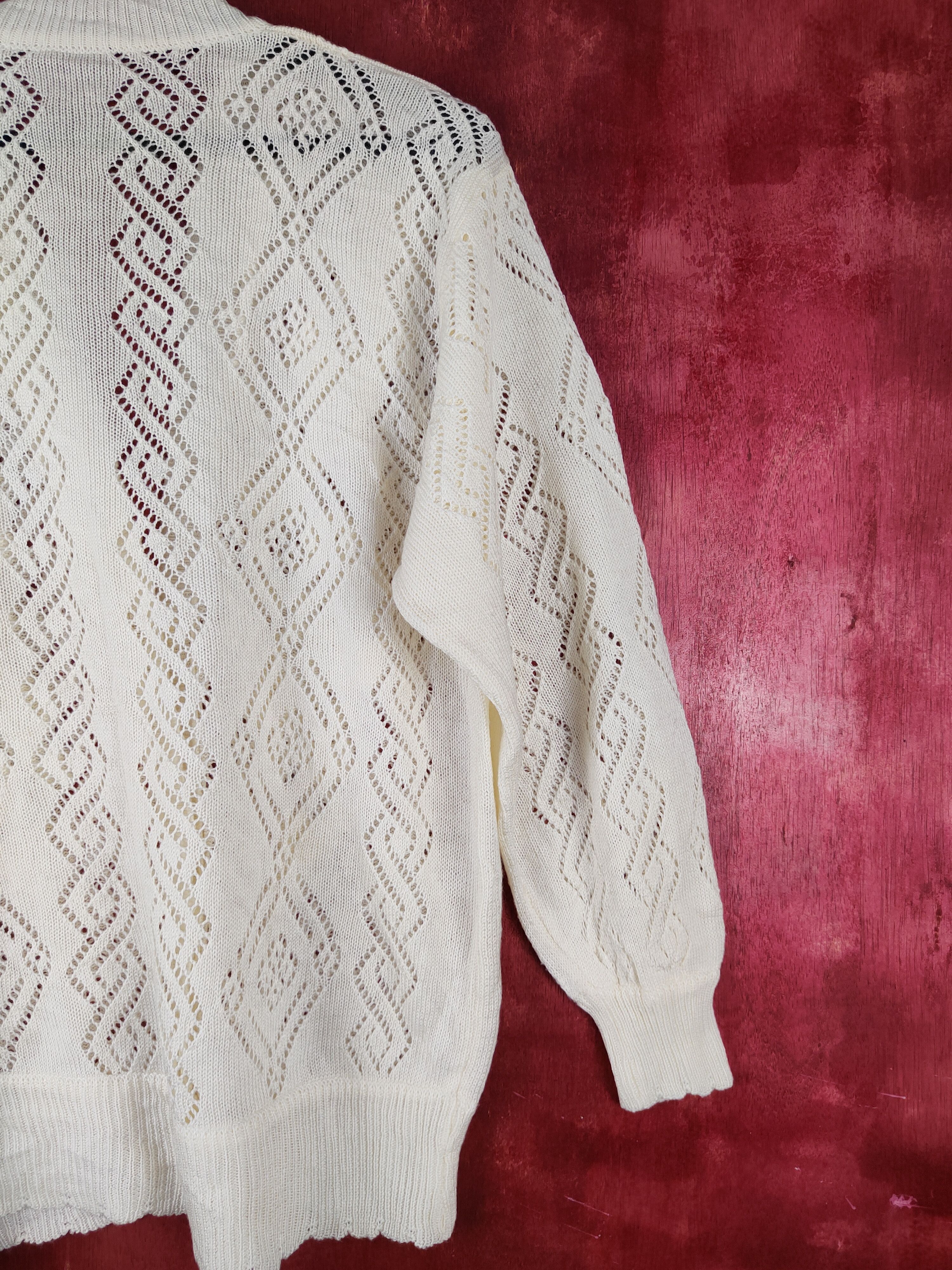 Homespun Knitwear Japan art vintage Cream Crochet Meshnet Knit Cardigan #S1032 Size L / US 10 / IT 46 - 7 Thumbnail