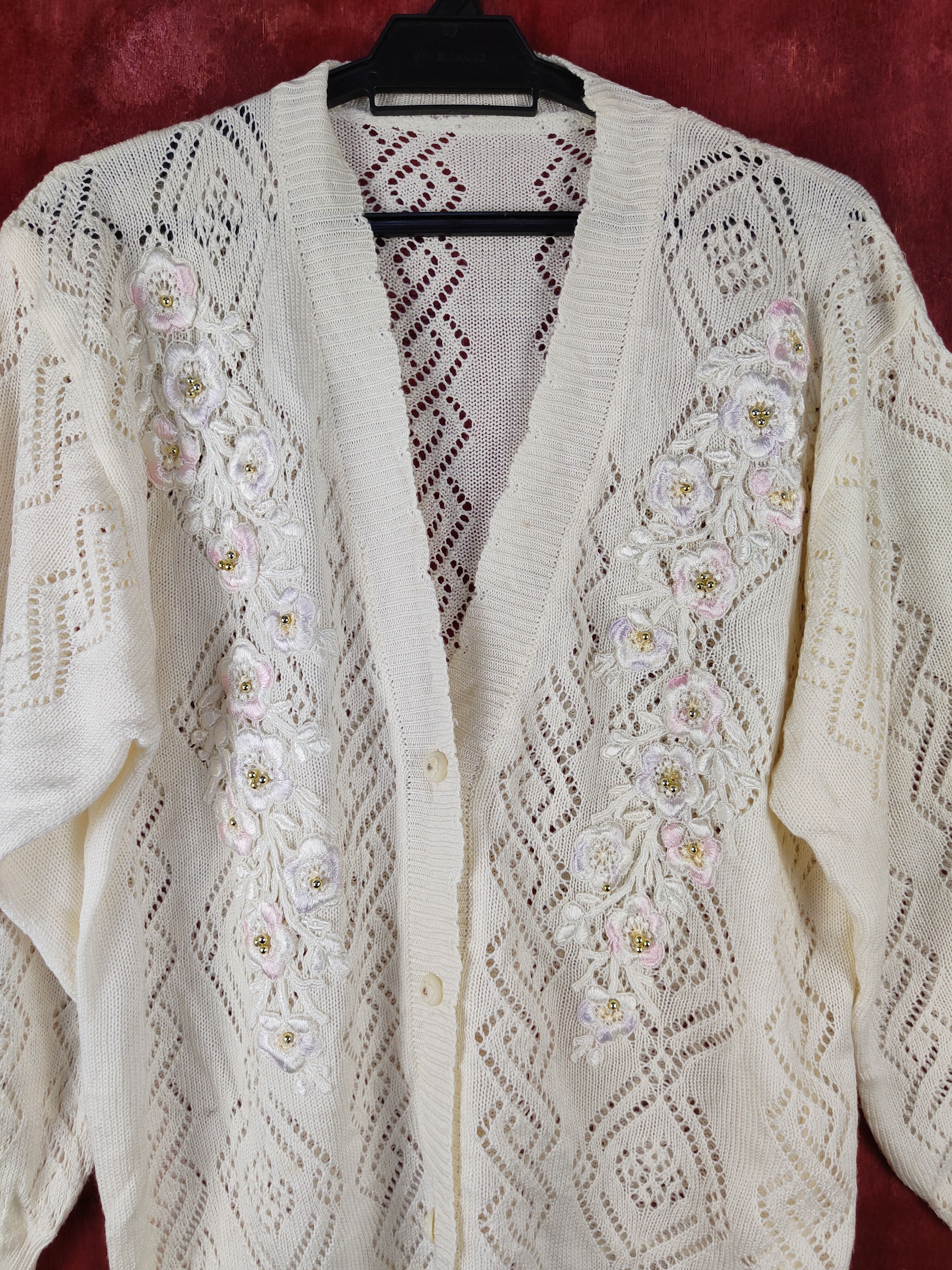 Homespun Knitwear Japan art vintage Cream Crochet Meshnet Knit Cardigan #S1032 Size L / US 10 / IT 46 - 2 Thumbnail