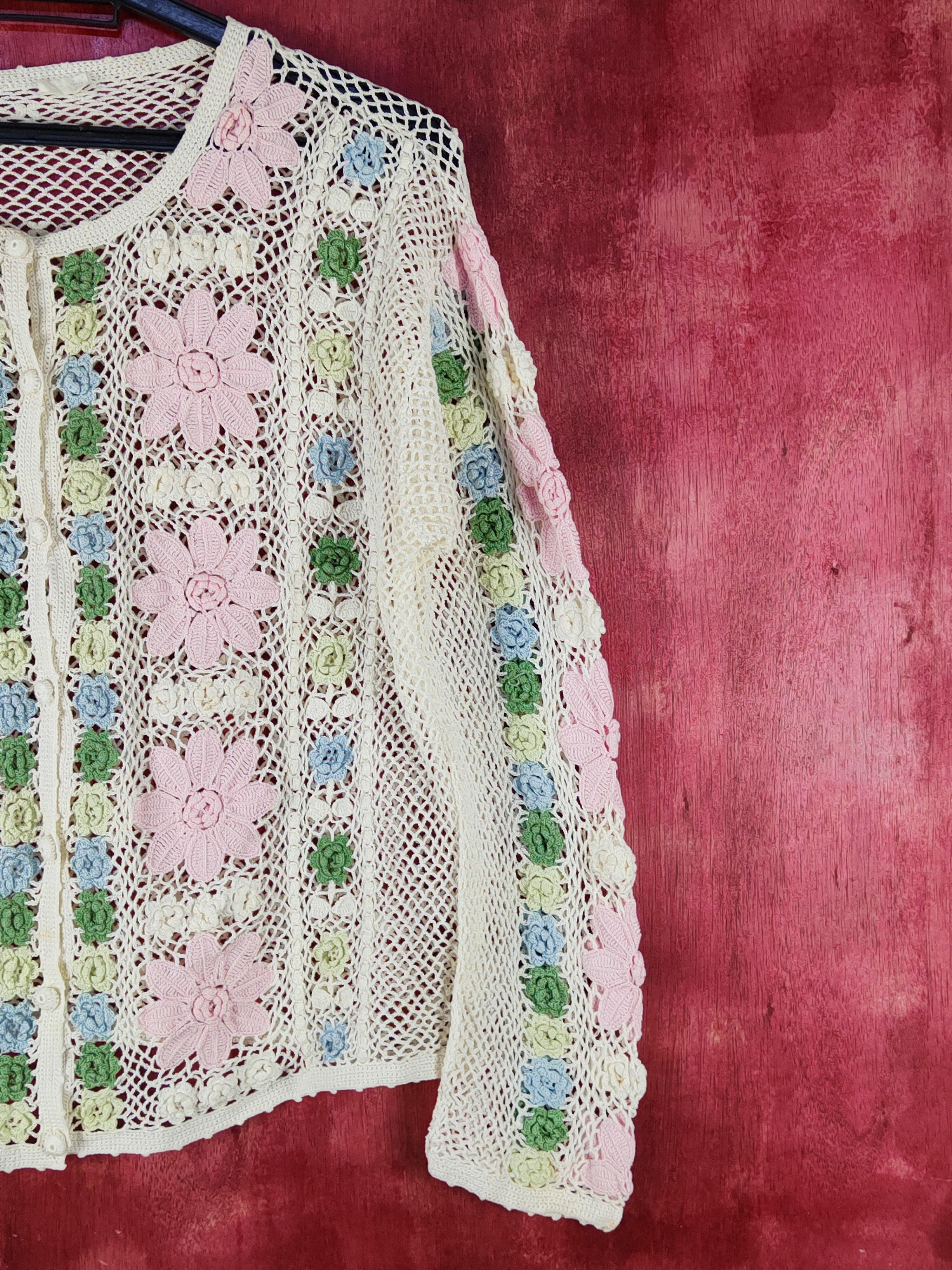 Homespun Knitwear Japan Cream/Pink Crochet Meshnet Knit Cardigan #S1024 Size S / US 4 / IT 40 - 4 Thumbnail