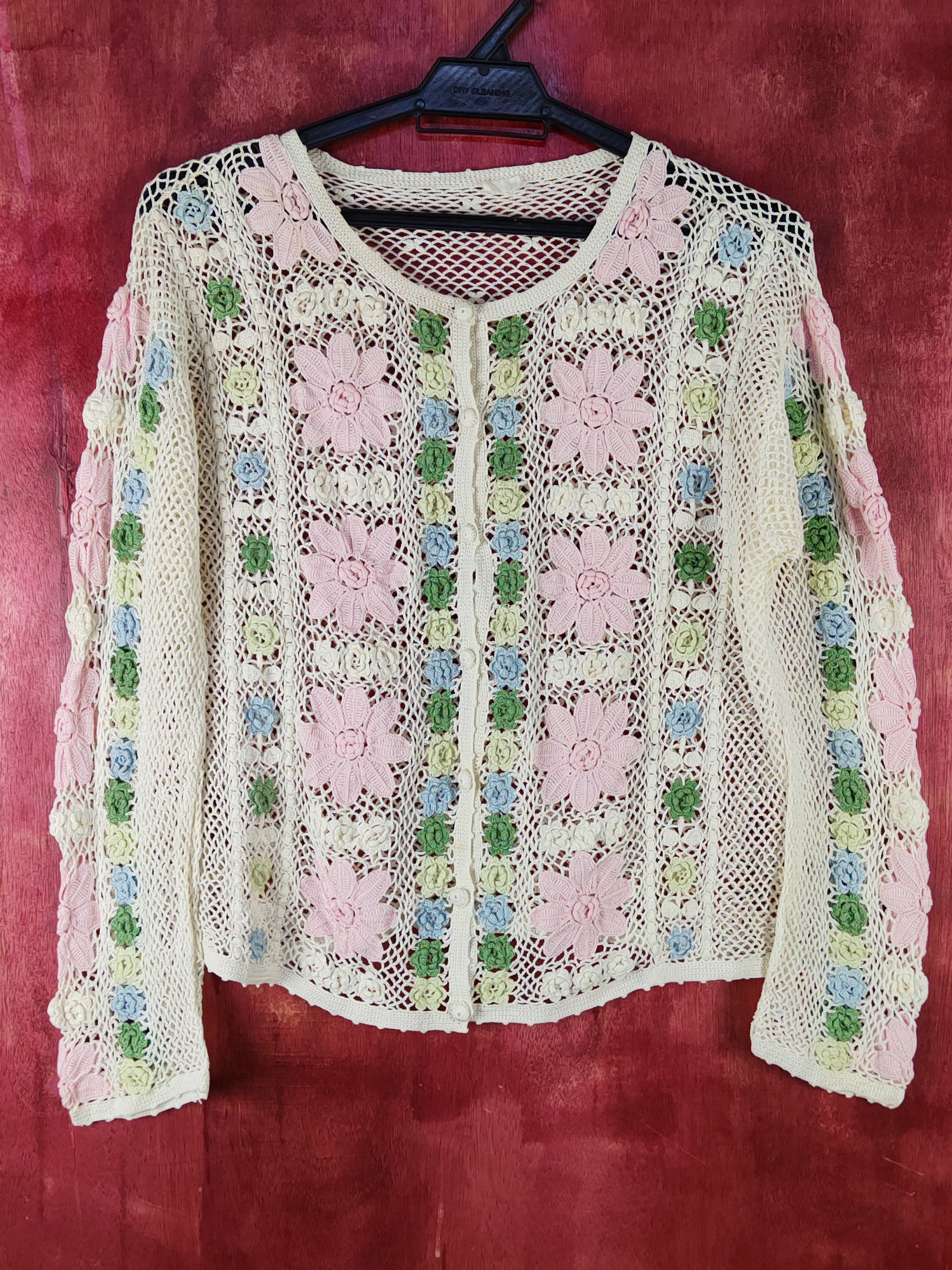 Homespun Knitwear Japan Cream/Pink Crochet Meshnet Knit Cardigan #S1024 Size S / US 4 / IT 40 - 1 Thumbnail