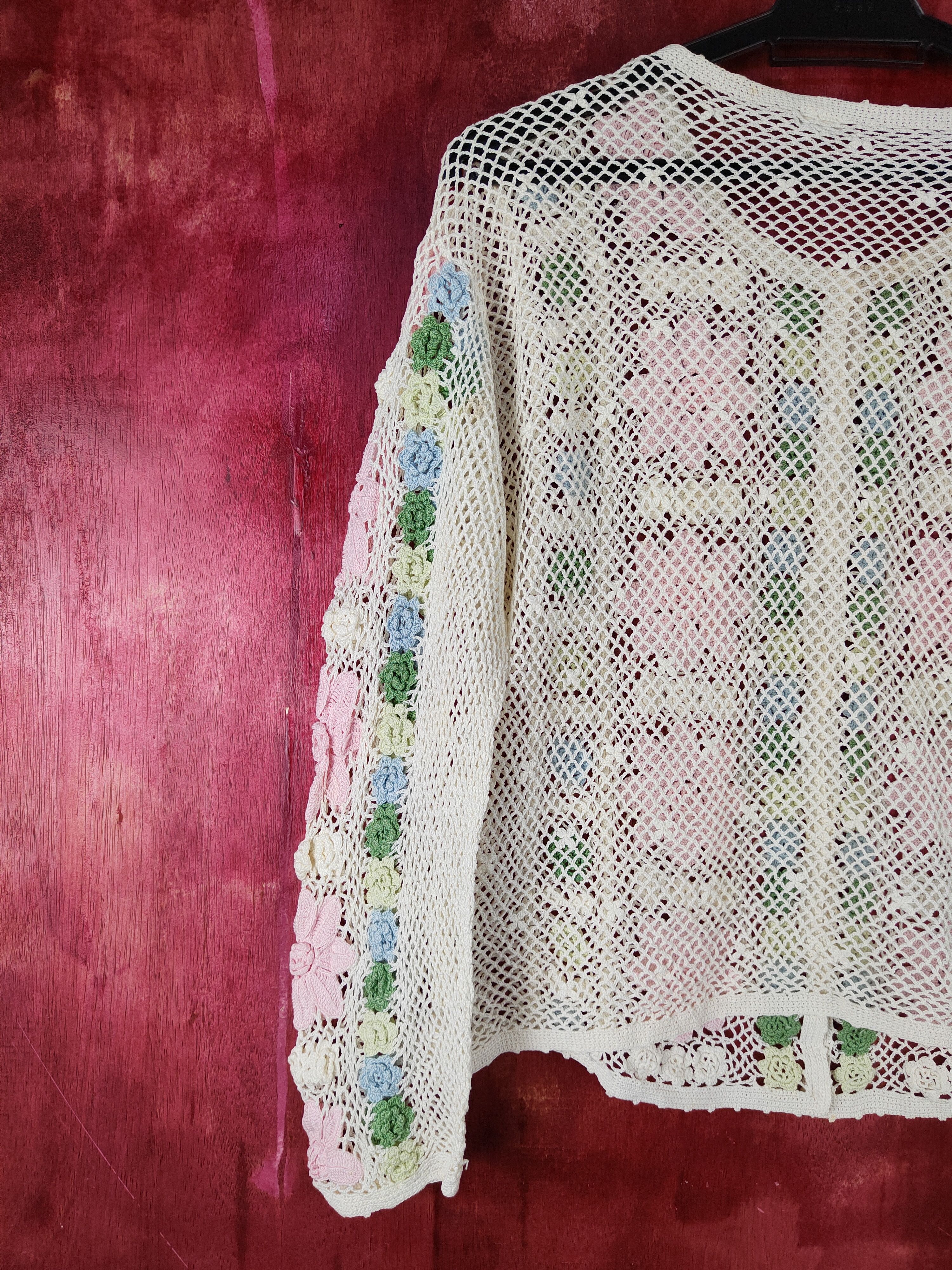 Homespun Knitwear Japan Cream/Pink Crochet Meshnet Knit Cardigan #S1024 Size S / US 4 / IT 40 - 6 Thumbnail