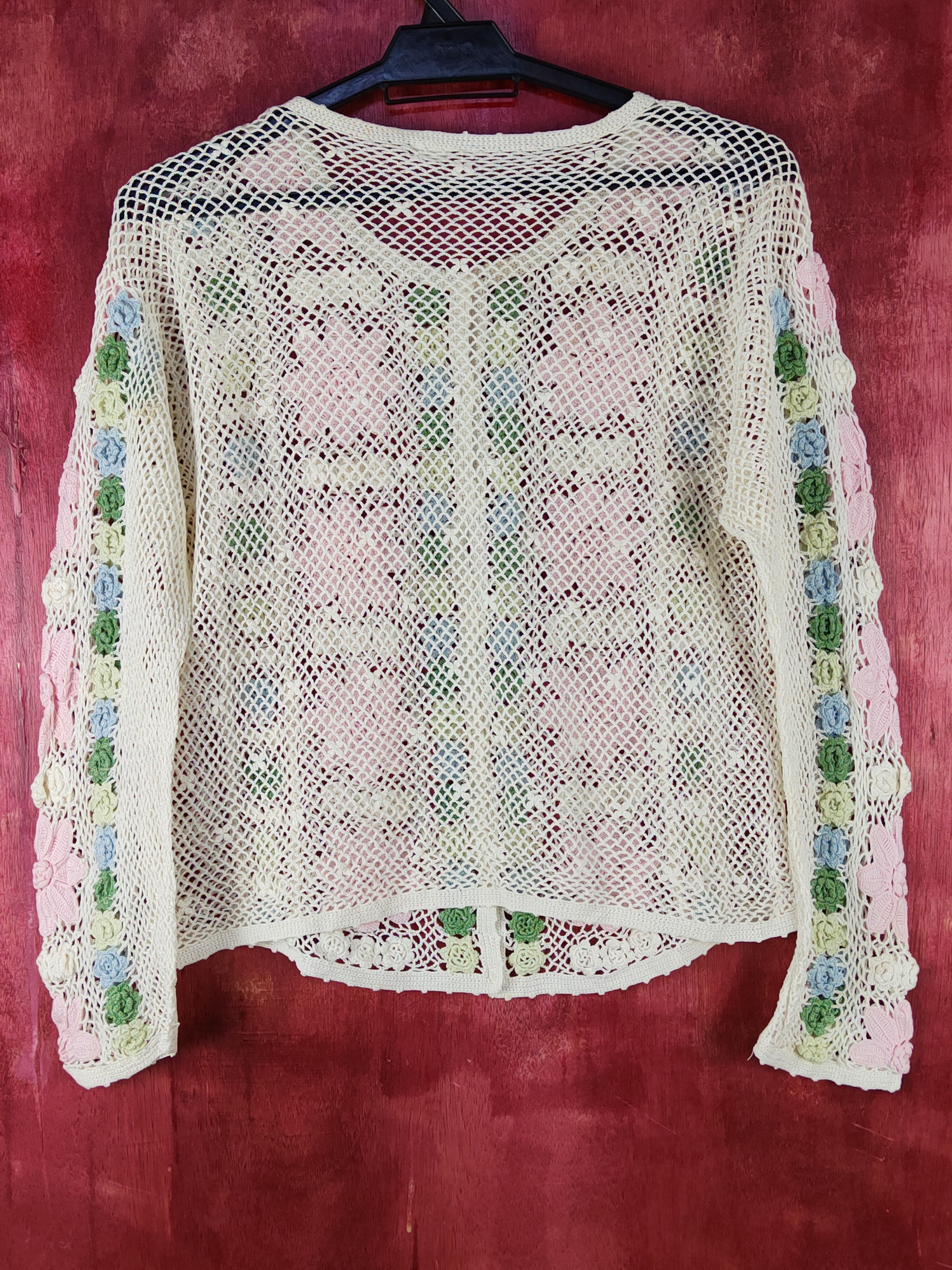 Homespun Knitwear Japan Cream/Pink Crochet Meshnet Knit Cardigan #S1024 Size S / US 4 / IT 40 - 5 Thumbnail