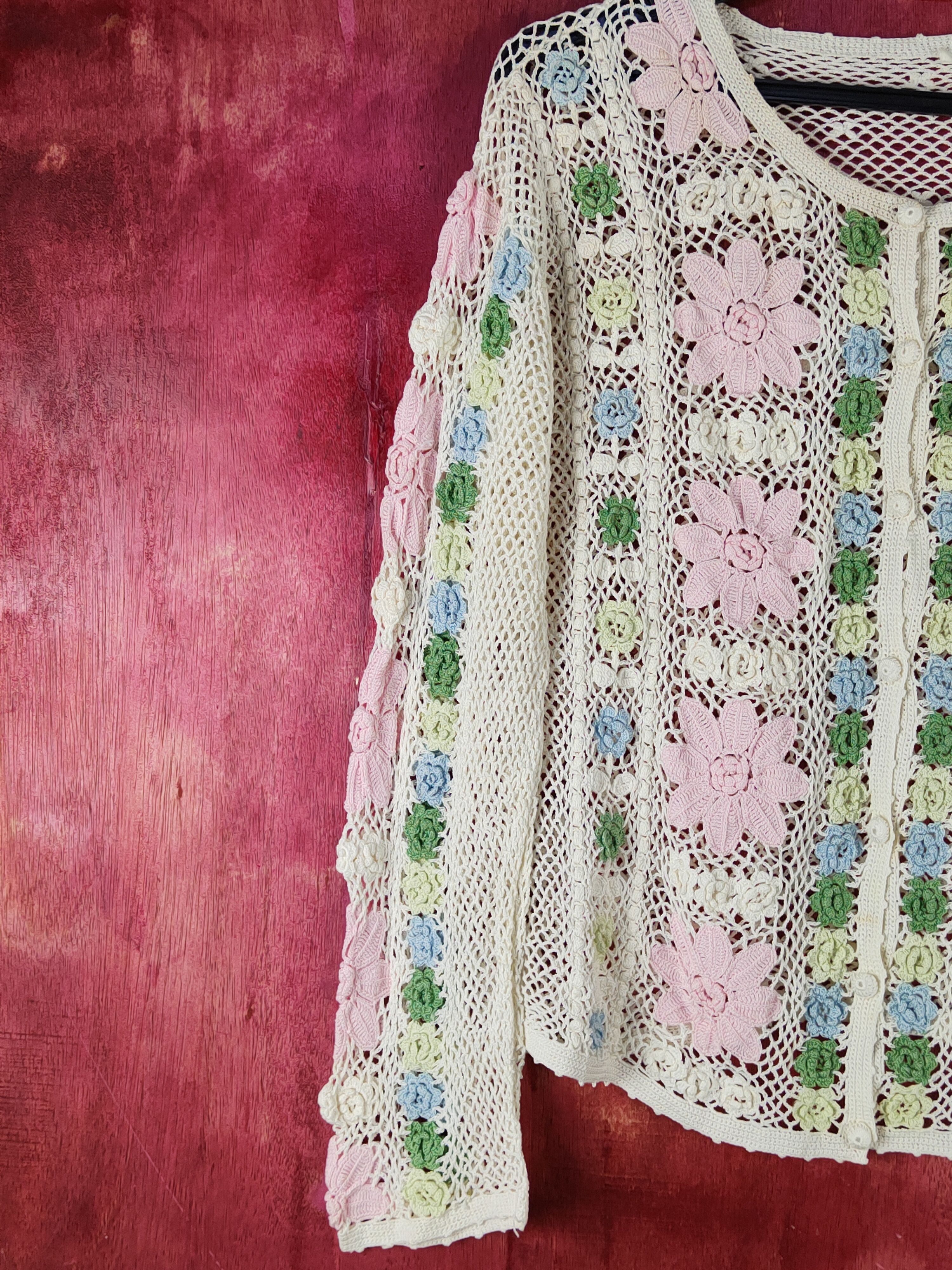 Homespun Knitwear Japan Cream/Pink Crochet Meshnet Knit Cardigan #S1024 Size S / US 4 / IT 40 - 3 Thumbnail
