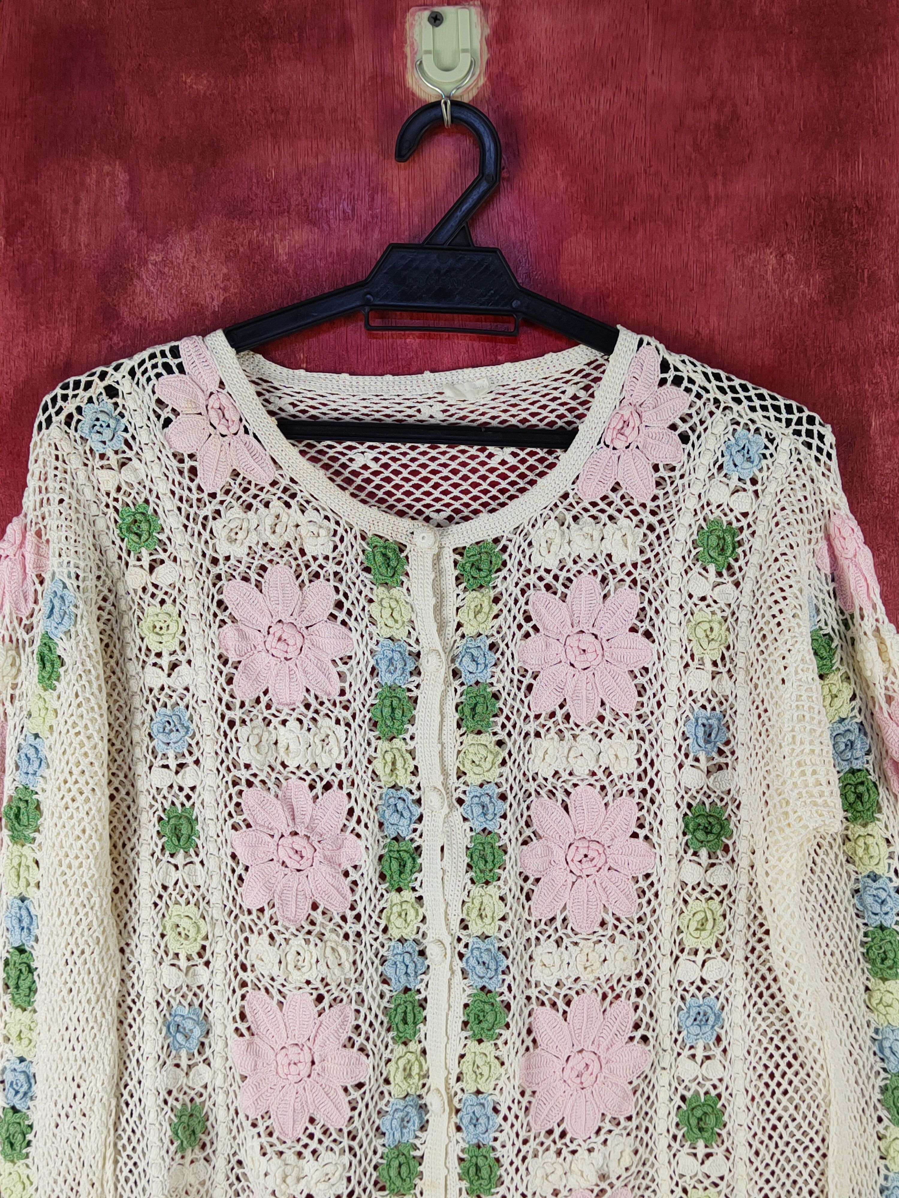 Homespun Knitwear Japan Cream/Pink Crochet Meshnet Knit Cardigan #S1024 Size S / US 4 / IT 40 - 2 Thumbnail