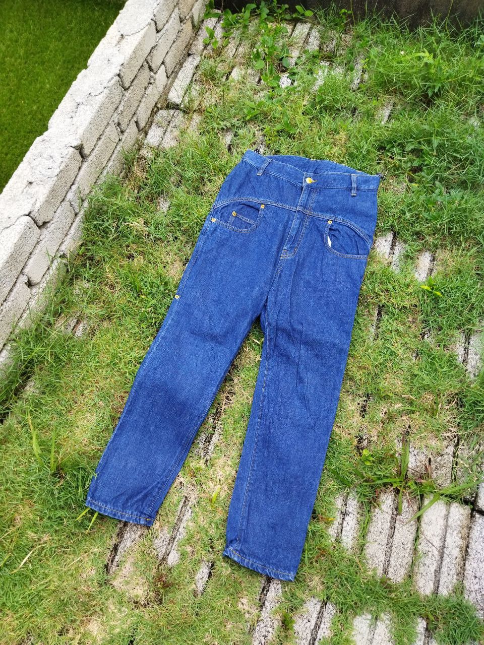 image of Vintage Mercibeaucoup Issey Miyake Drop Crotch Pants in Blue Denim, Women's (Size 31)