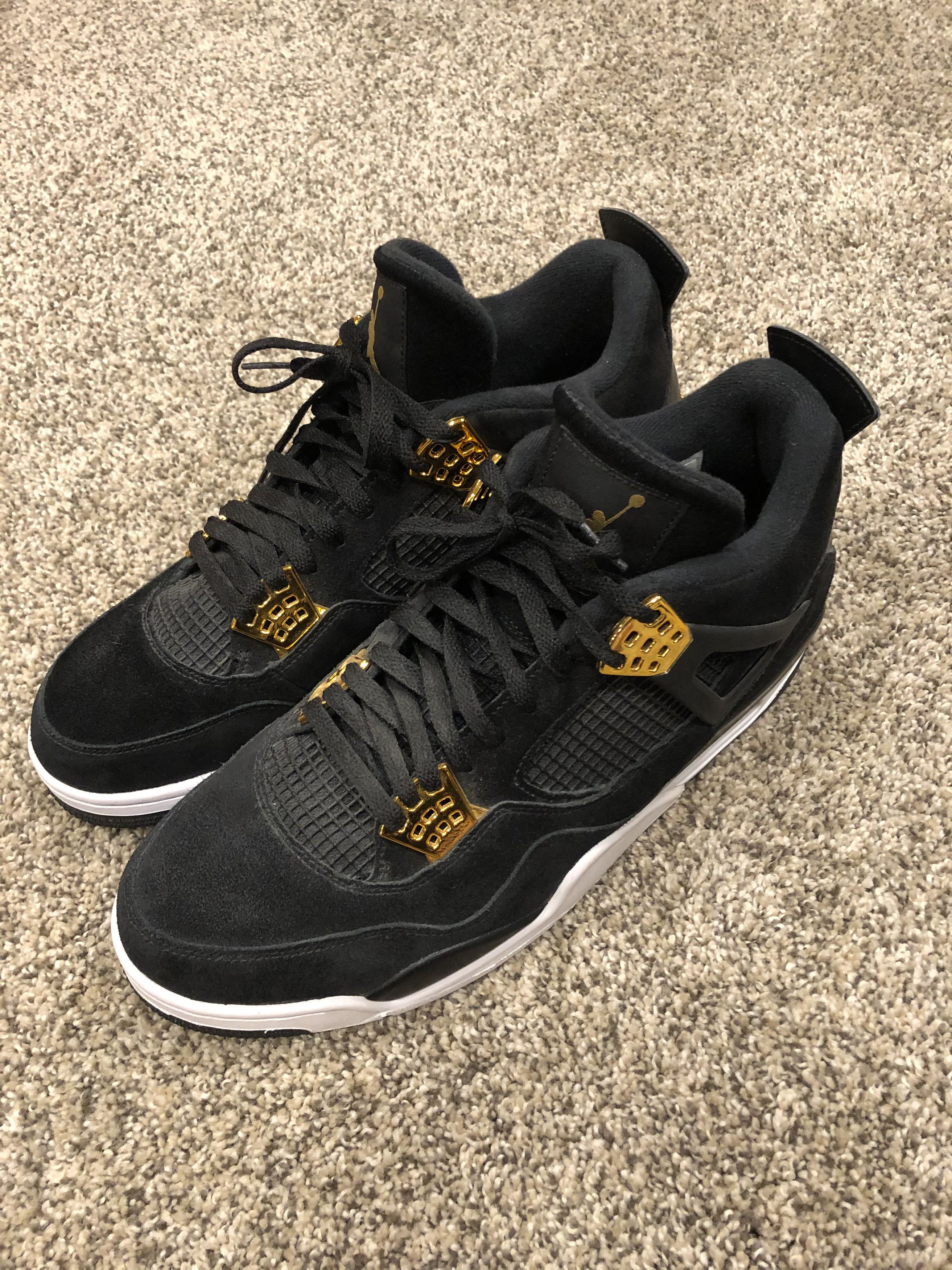 image of Jordan Brand 4 Royalty Shoes in Black/Gold/White, Men's (Size 13)
