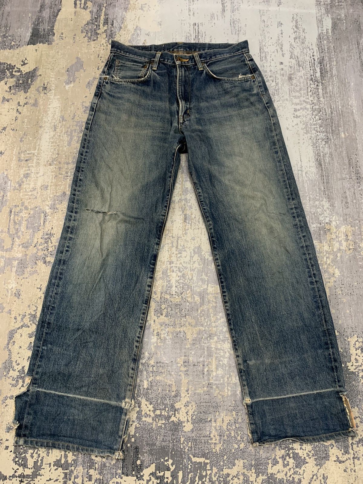 image of 14Th Addiction x Distressed Denim Edwin 505 Selvedge Rusty Denim 32X31 in Blue, Men's