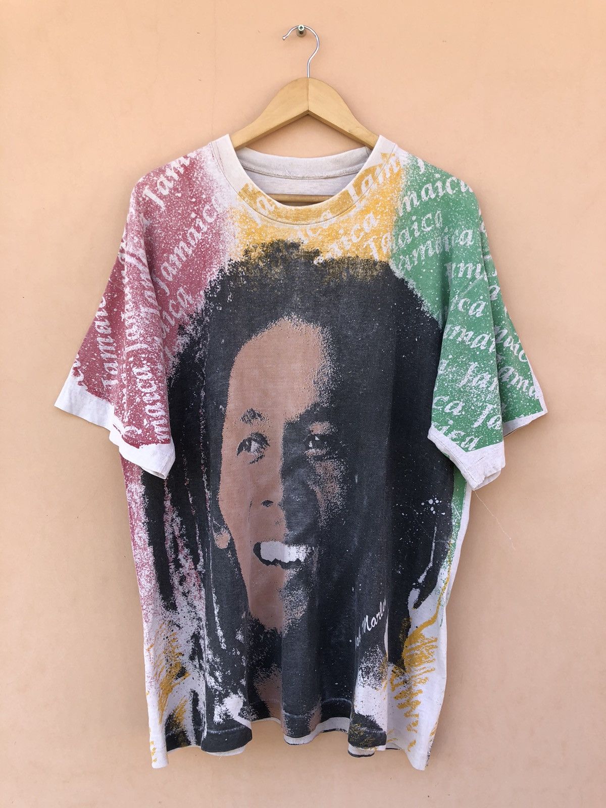 image of Band Tees x Rap Tees Vintage 90's Bob Marley Jamaica All Over Print Tee, Men's (Size XL)