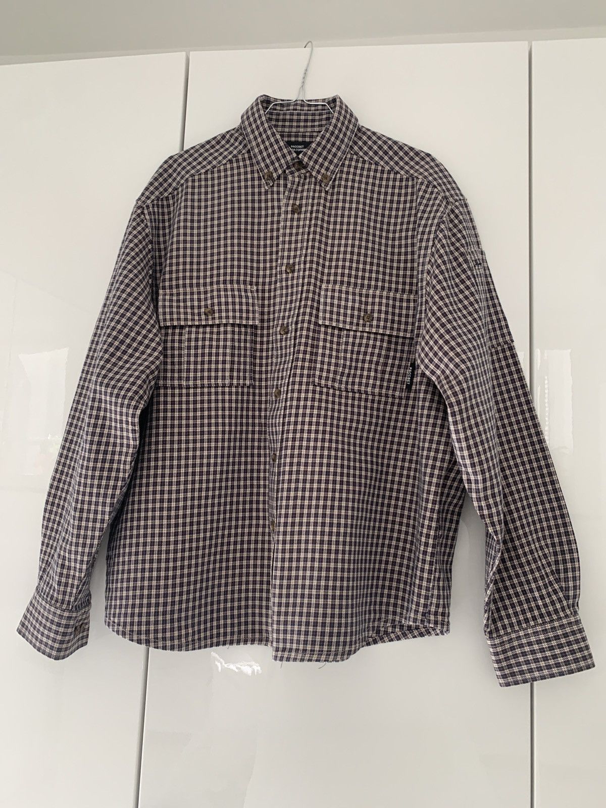 image of Paccbet Botton Down Checked Oversize Shirt in Beige Brown Navy, Men's (Size Medium)