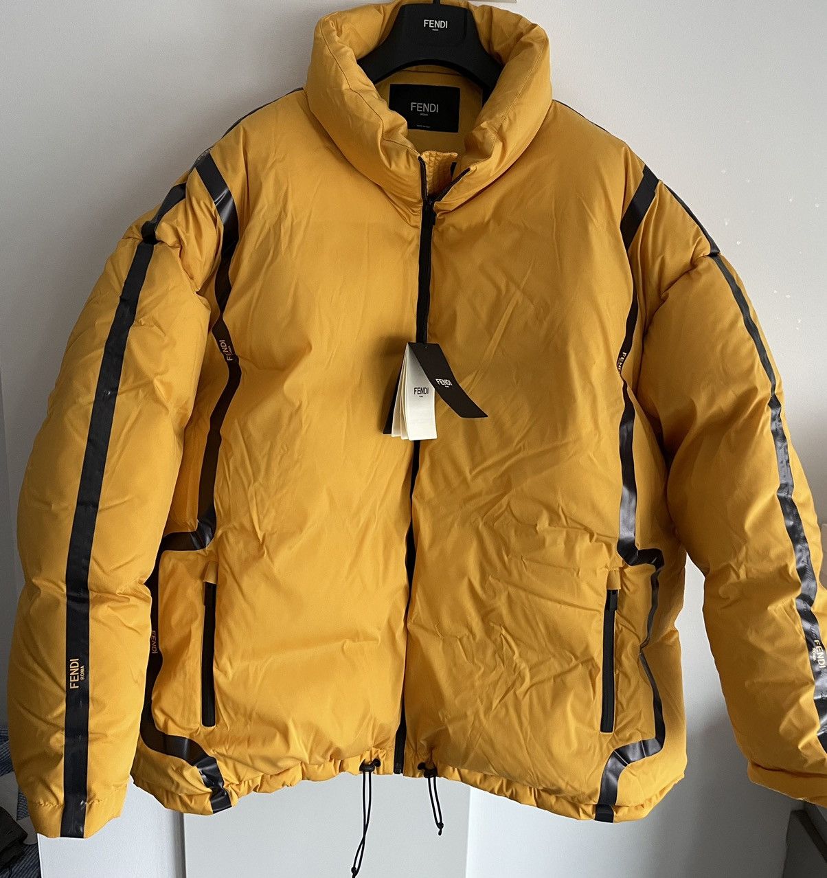 image of $3,500 Value Fendi Logo Duck Down Parka Jacket in Yellow, Men's (Size 2XL)