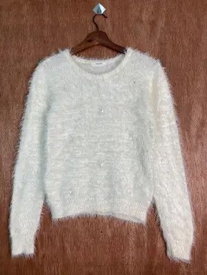 Homespun Knitwear DLS Sospita White Shag Shagggy Fur Mohair Knitwear #BB576 Size S / US 4 / IT 40 - 1 Thumbnail