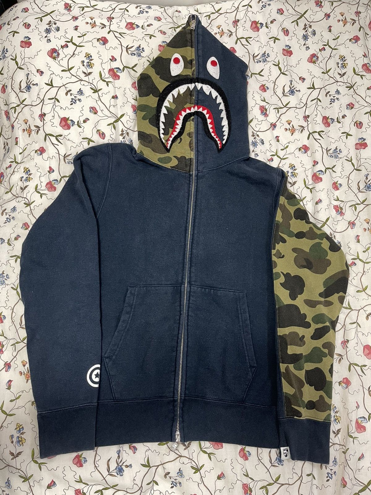 image of Bape Frankenstein Camo Shark Full Zip Hoodie in Navy, Men's (Size Small)