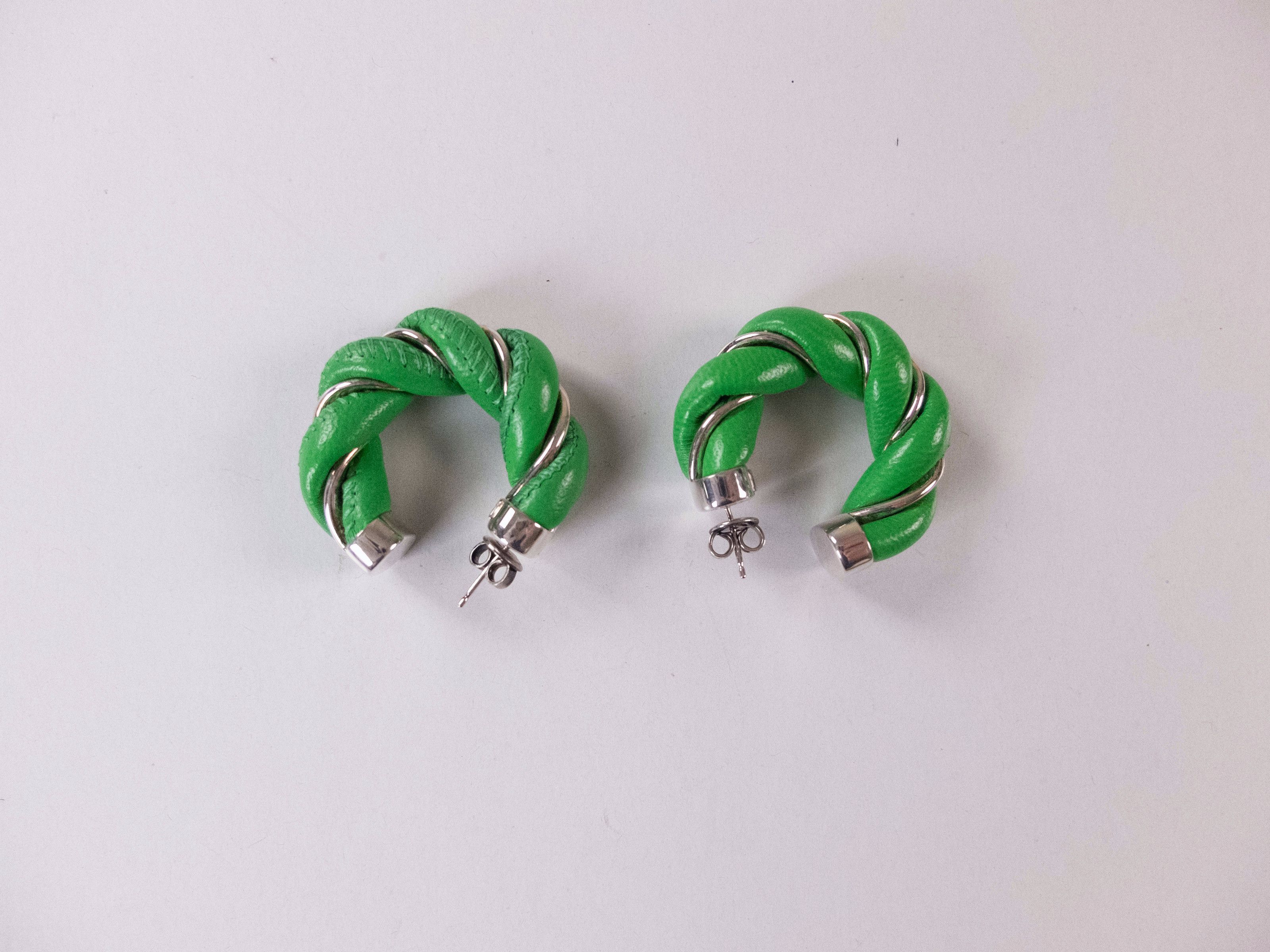 Bottega Veneta BOTTEGA VENETA Twist circle green leather silver earrings q Size ONE SIZE - 4 Thumbnail