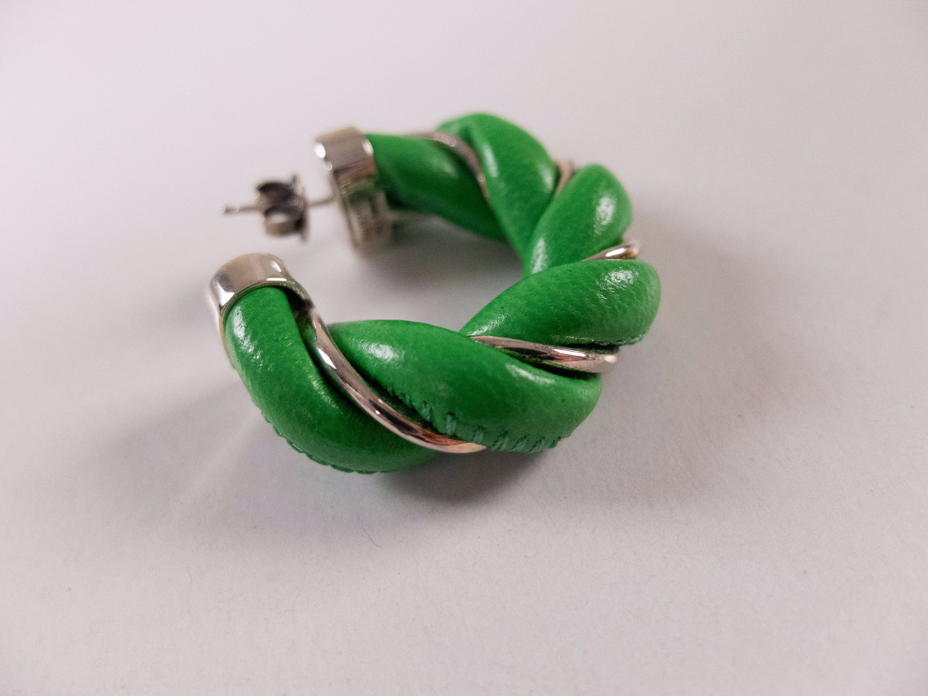 Bottega Veneta BOTTEGA VENETA Twist circle green leather silver earrings q Size ONE SIZE - 5 Thumbnail