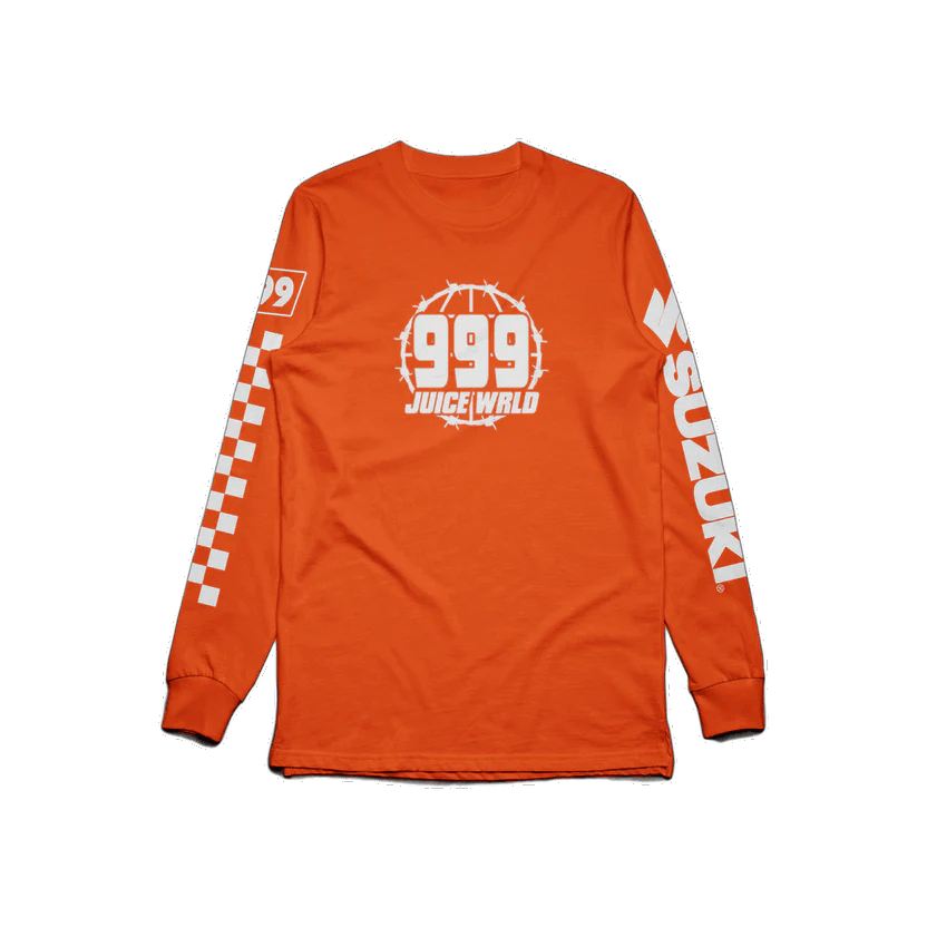 Image of Juice Wrld 999 Club Suzuki Barbed Wire Long sleeve Tee Orange Small, Men's