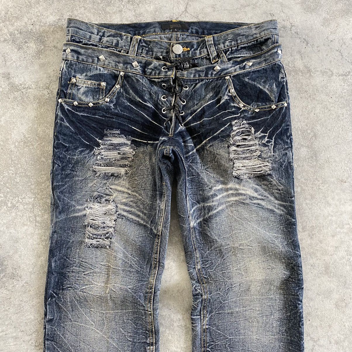 image of If Six Was Nine Black Barbara Double Waist Lace Up Ripped Flared Denim Jeans in Blue Fade (Size 32)