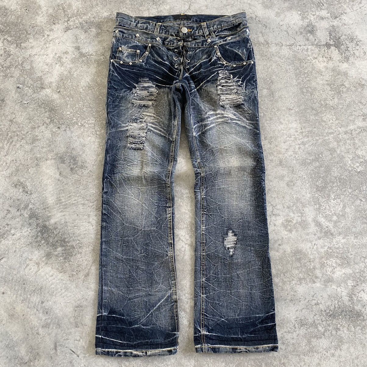 Japanese Brand Black Barbara Double Waist Lace up Distressed Flared Jeans Size US 32 / EU 48 - 2 Thumbnail