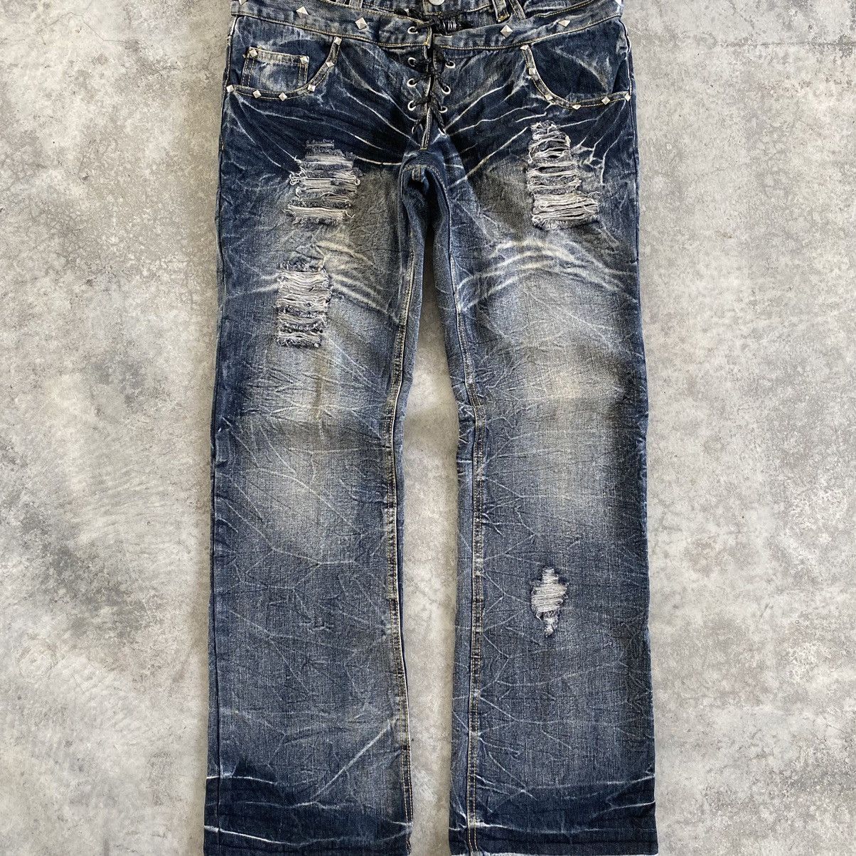 Japanese Brand Black Barbara Double Waist Lace up Distressed Flared Jeans Size US 32 / EU 48 - 5 Thumbnail