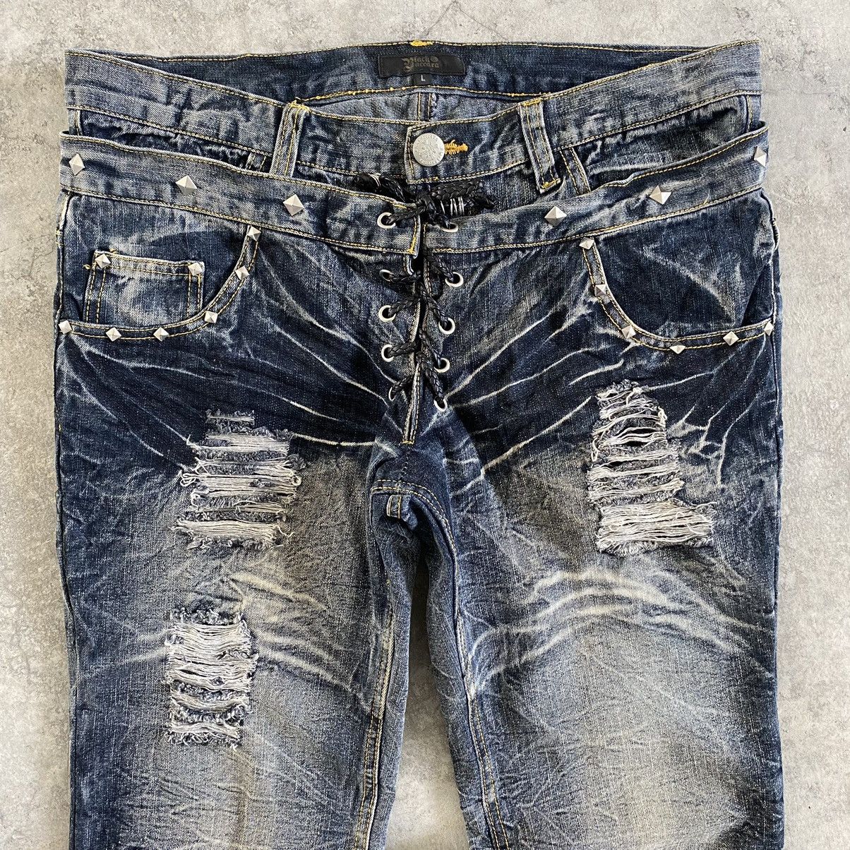 Japanese Brand Black Barbara Double Waist Lace up Distressed Flared Jeans Size US 32 / EU 48 - 8 Thumbnail