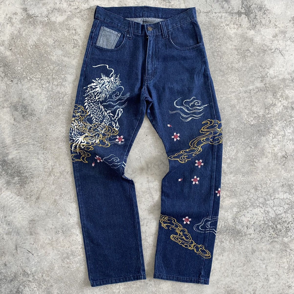 Japanese Brand Vomanie Printed Embroidery Sukajan Denim Jeans Size US 31 - 1 Thumbnail