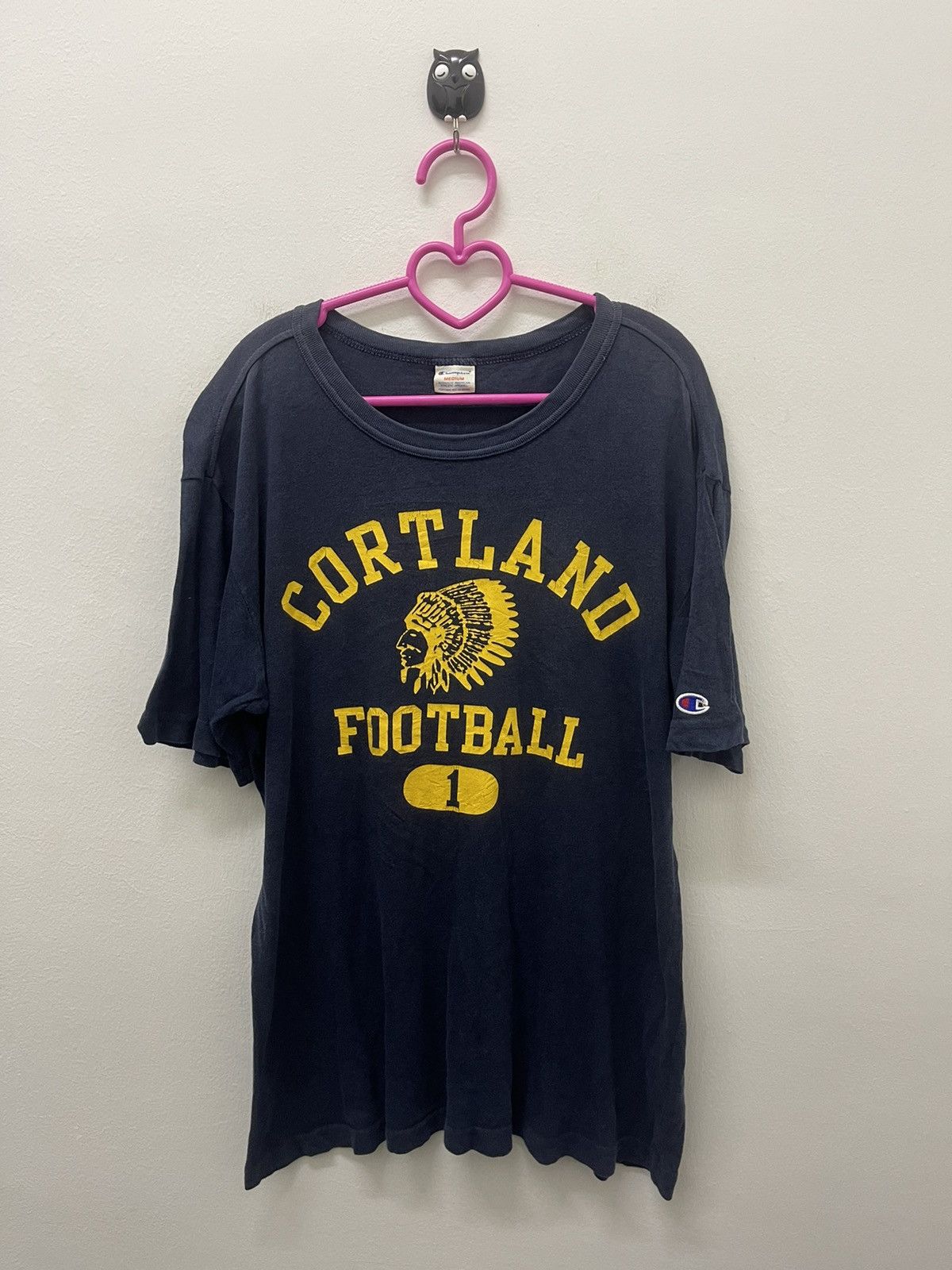 image of Champion Cortland Football 1 Spell Out Big Logo in Blue Black, Men's (Size Medium)