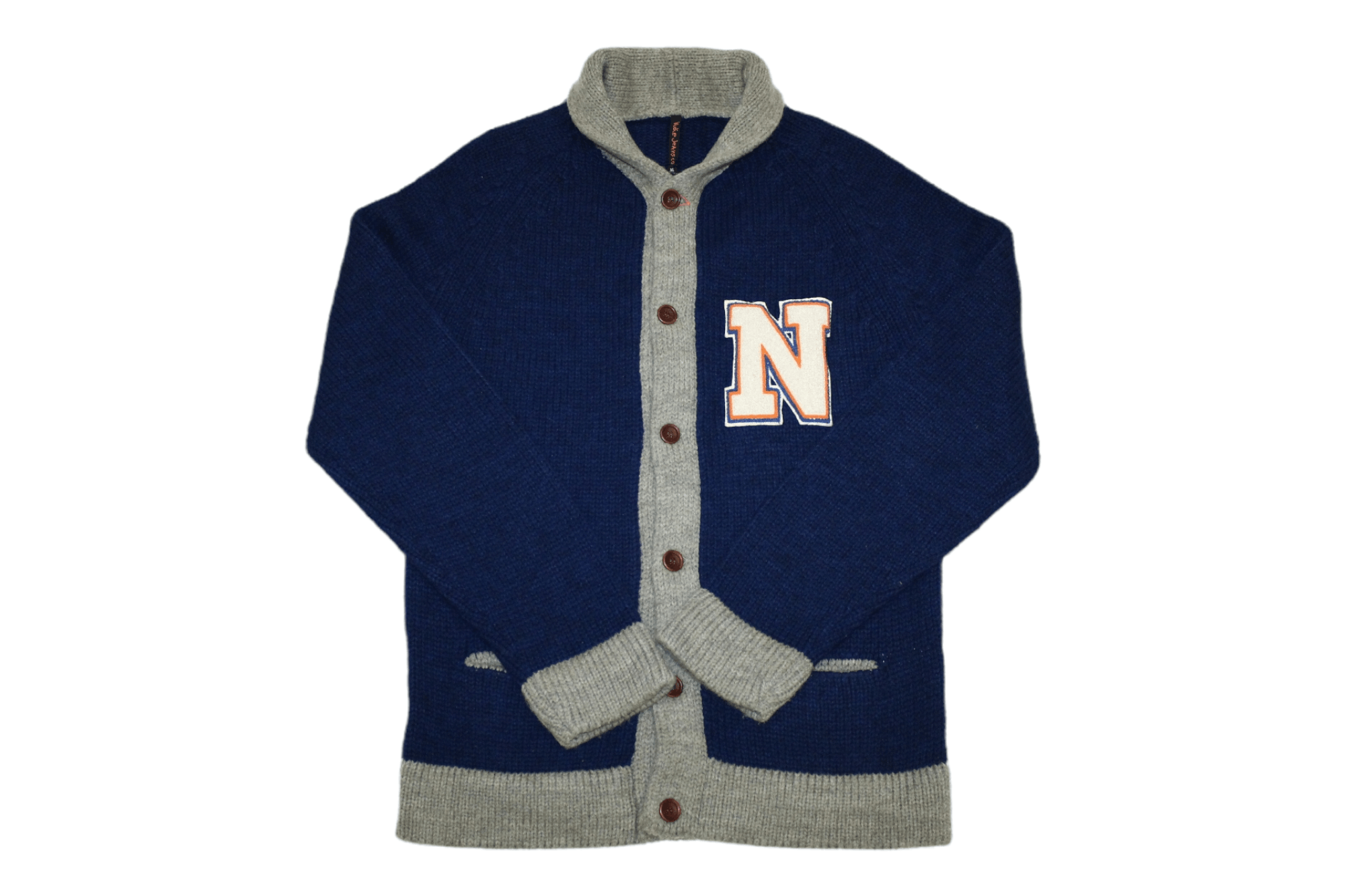 image of Nudie Jeans Co. Logo Embroidery Cable Knit Blend Cardigan in Navy, Men's (Size XL)