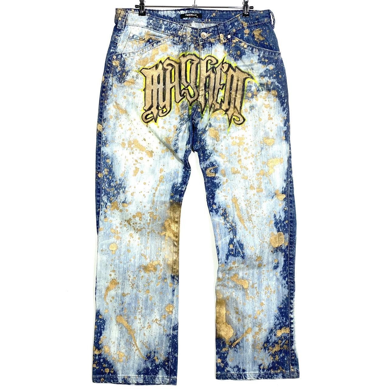 Jean Baggy Vintage Y2K Customisé - Bleach Et Peinture - Taille XL - Occasion Très Bon État