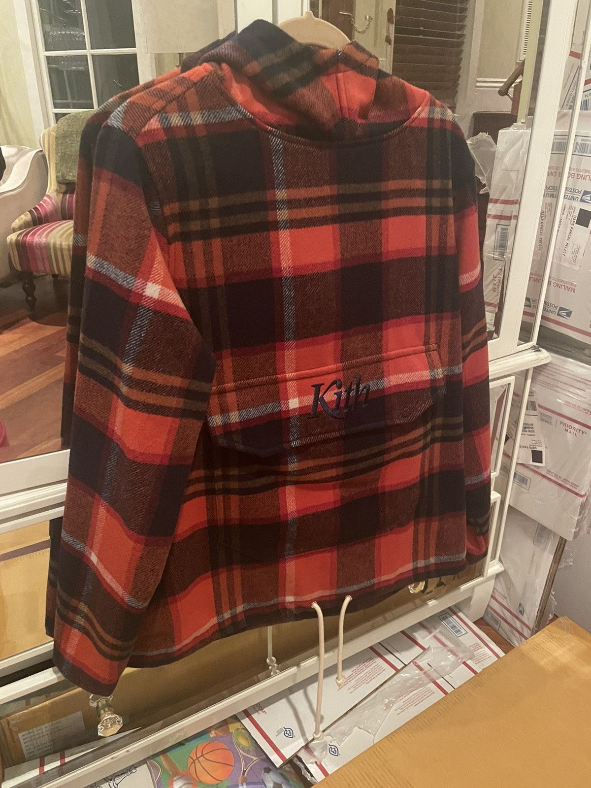 image of Fw18 Kith Harrison Plaid Flannel Hooded Pullover in Orange/Navy, Men's (Size Small)