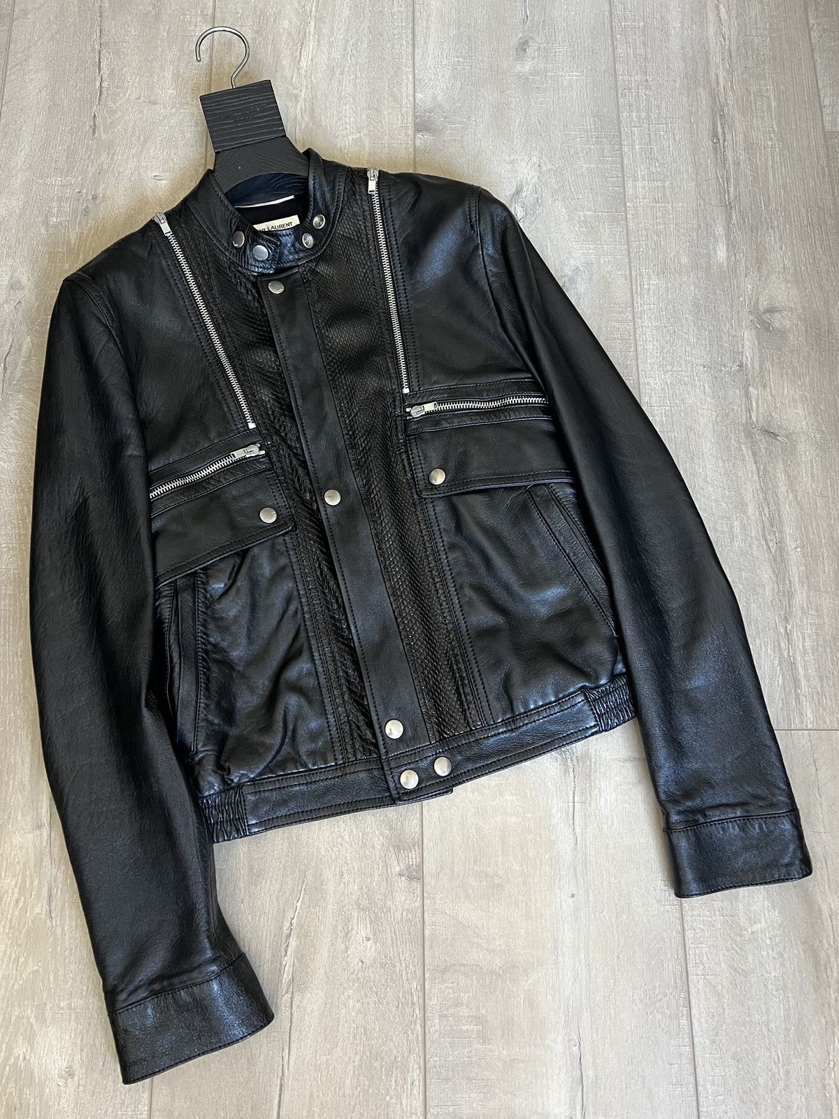 image of Hedi Slimane x Saint Laurent Paris 15Fw Python Patch Aviator Leather Jacket Sz48 in Black (Size Med