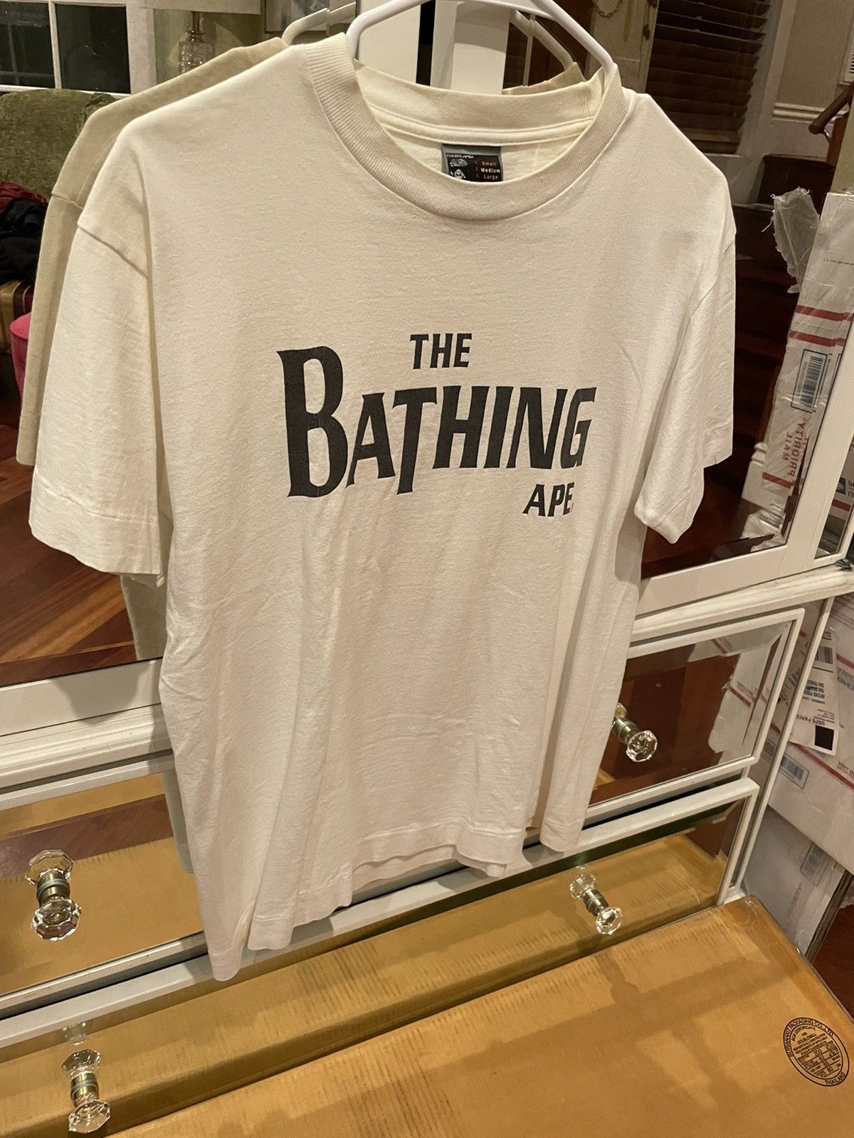 image of Crazy Early 2000S Bape “Beetles” Logo Tee in White, Men's (Size Medium)