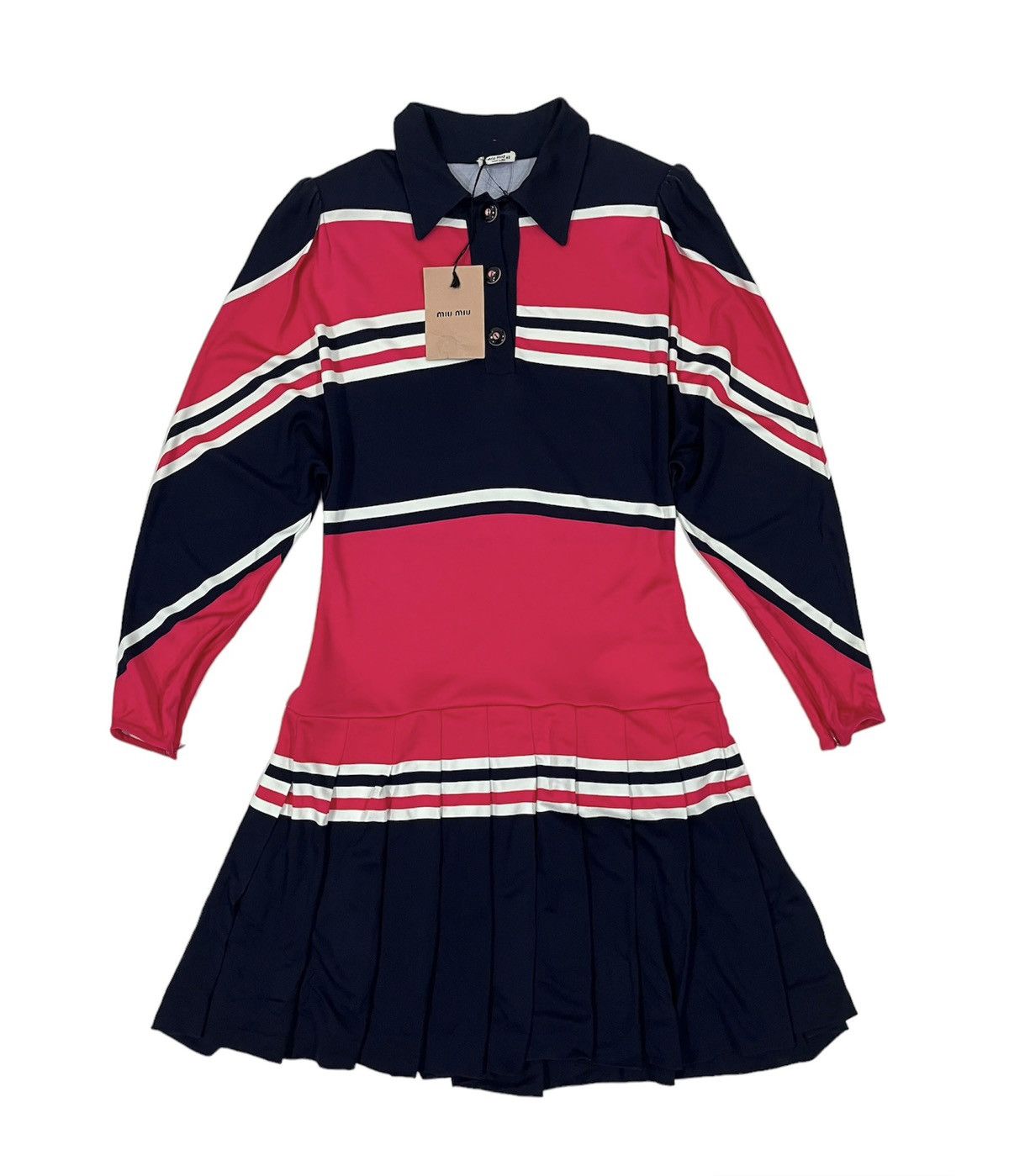 Other New‼️MIU MIU 2017 Organzino Long Sleeve Dress Navy Blue Pink Size S / US 4 / IT 40 - 3 Thumbnail