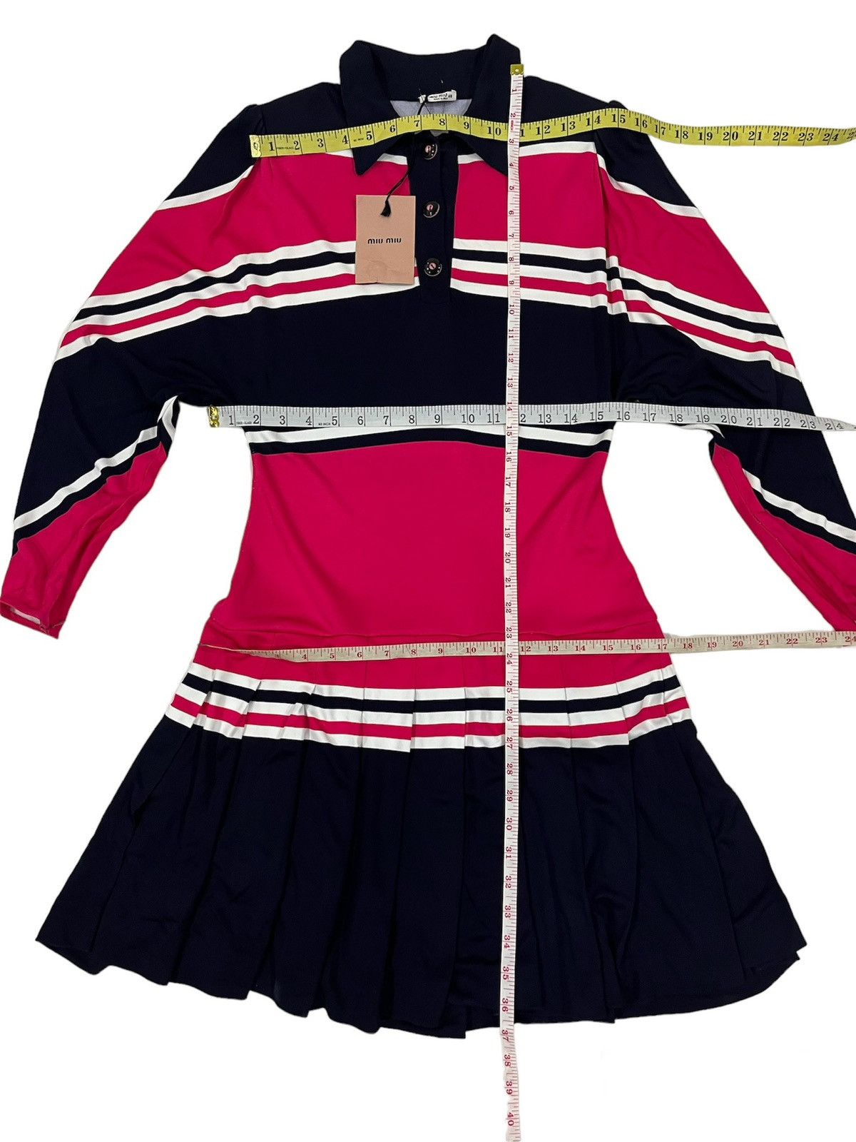 Other New‼️MIU MIU 2017 Organzino Long Sleeve Dress Navy Blue Pink Size S / US 4 / IT 40 - 16 Thumbnail