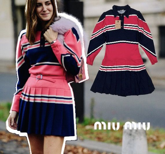 Other New‼️MIU MIU 2017 Organzino Long Sleeve Dress Navy Blue Pink Size S / US 4 / IT 40 - 1 Thumbnail