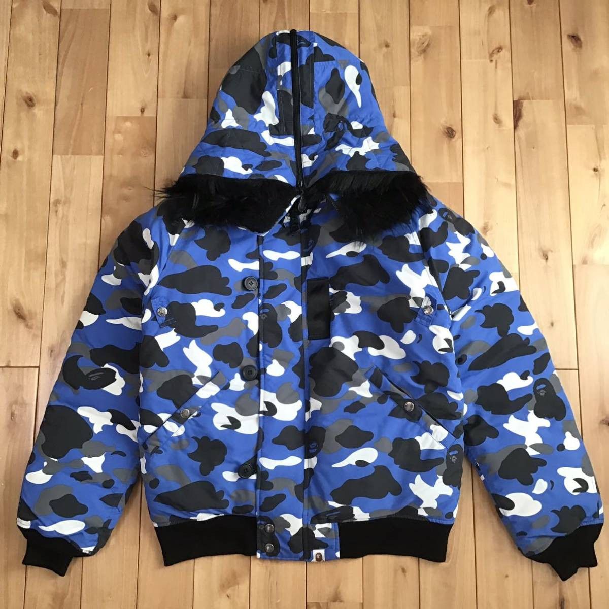 BAPE Blue camo hoodie fur down jacket a bathing ape