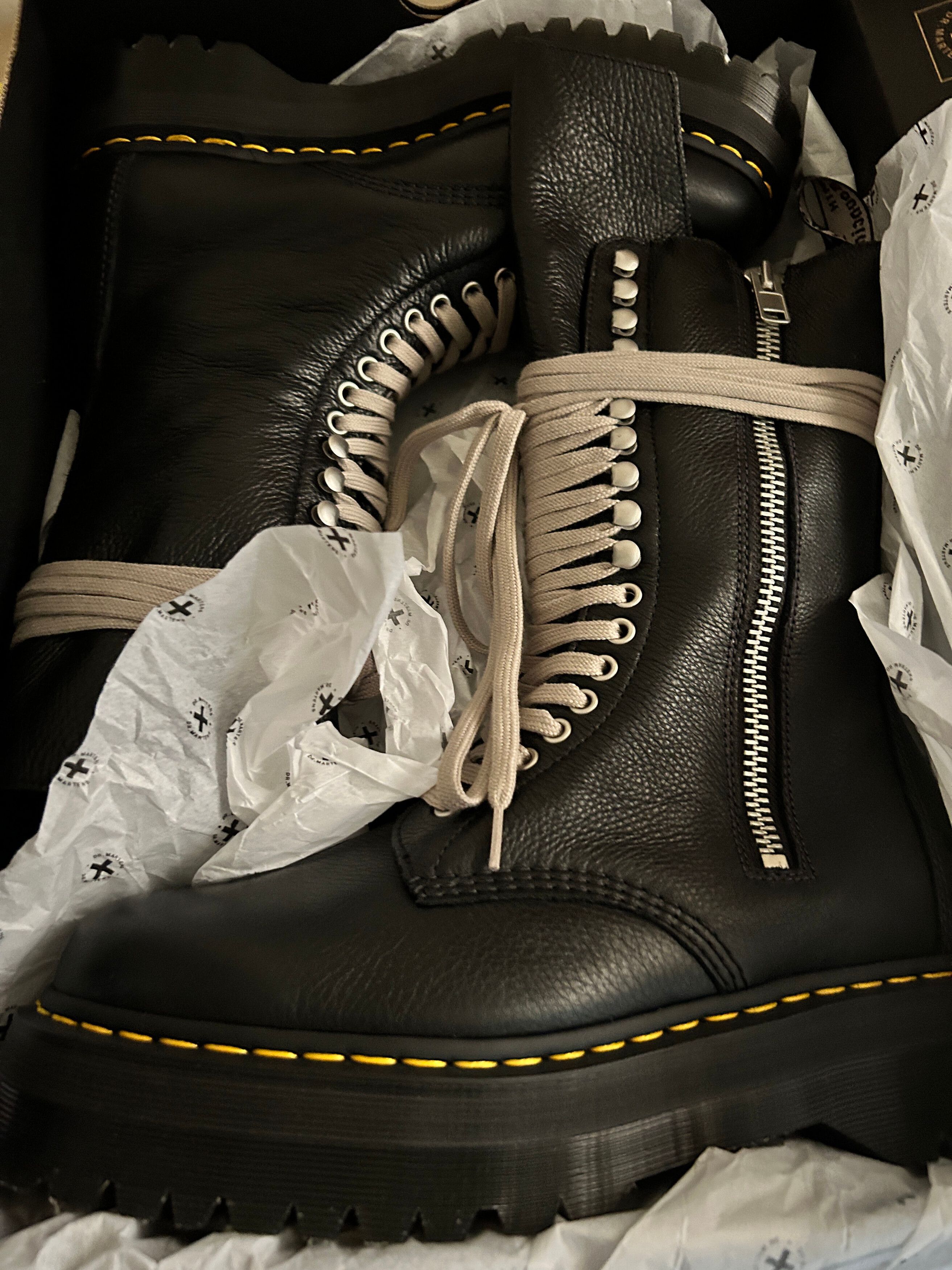 Rick Owens Dr. Martens 1918 Quad Leather Sole Calf Length Boot Black |  Grailed