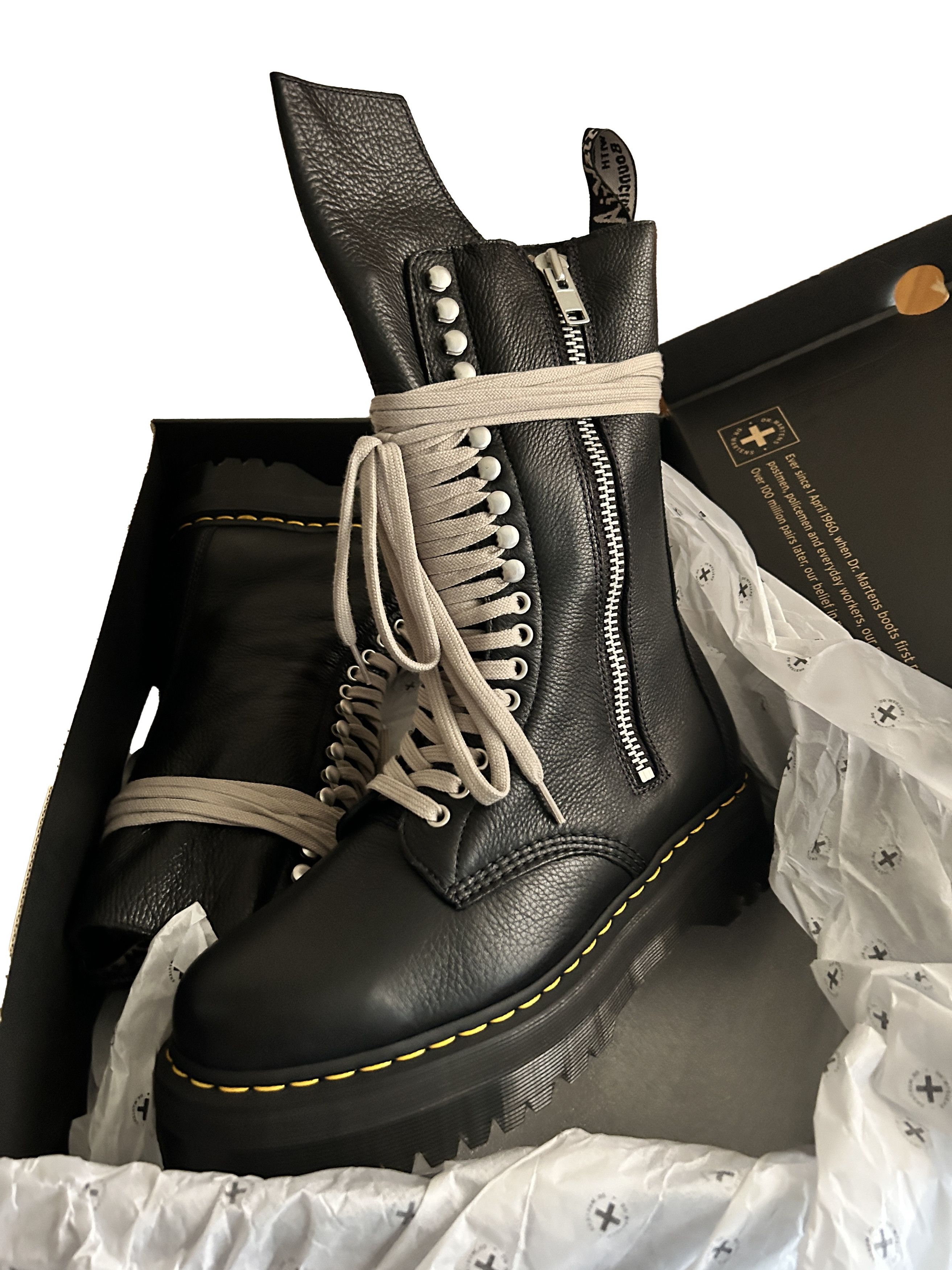 Rick Owens Dr. Martens 1918 Quad Leather Sole Calf Length Boot Black |  Grailed