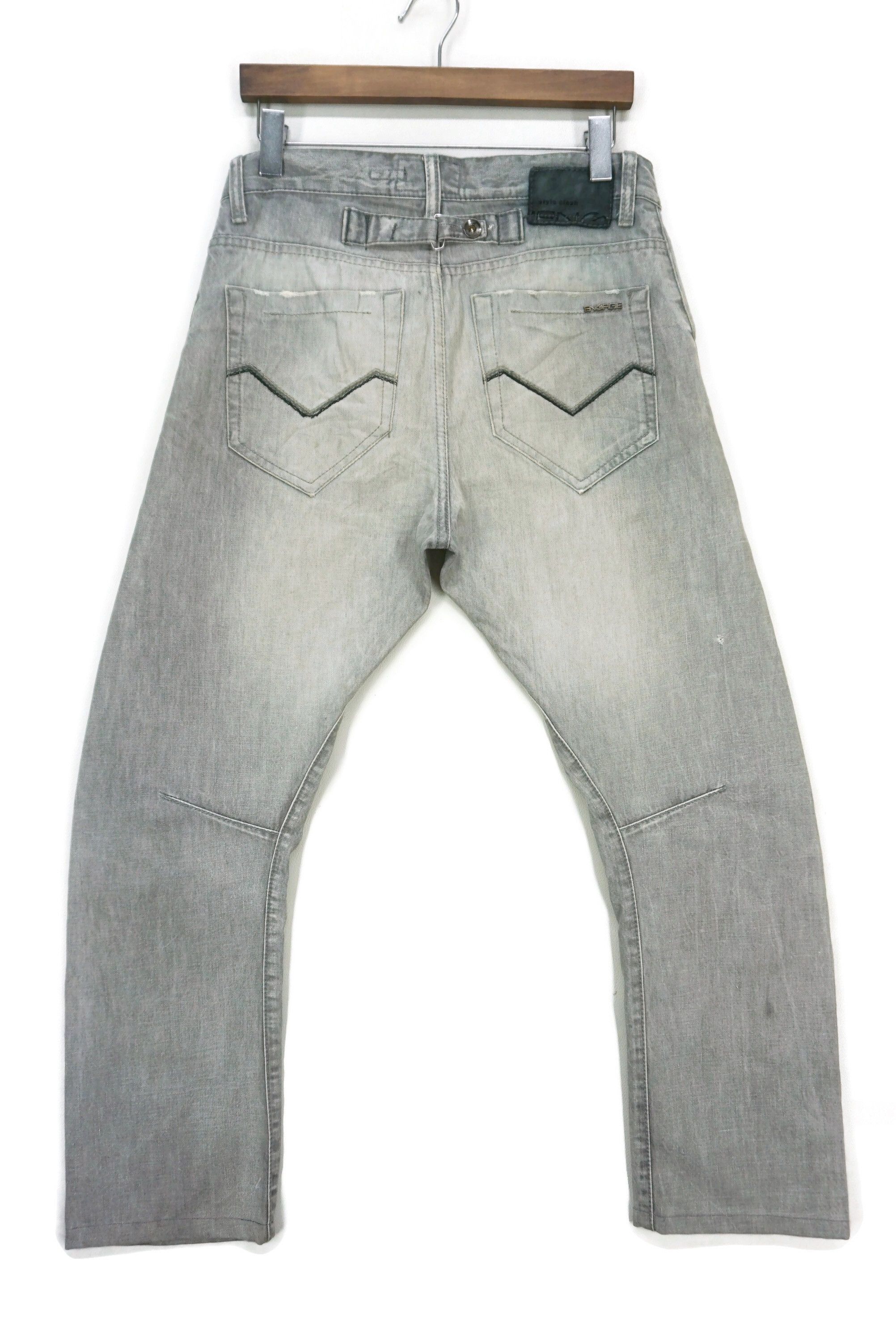 image of Distressed Denim x Energie Low Rise Tapered Jeans Twisted Seams Buckle Back Pants in Gray Black (Si